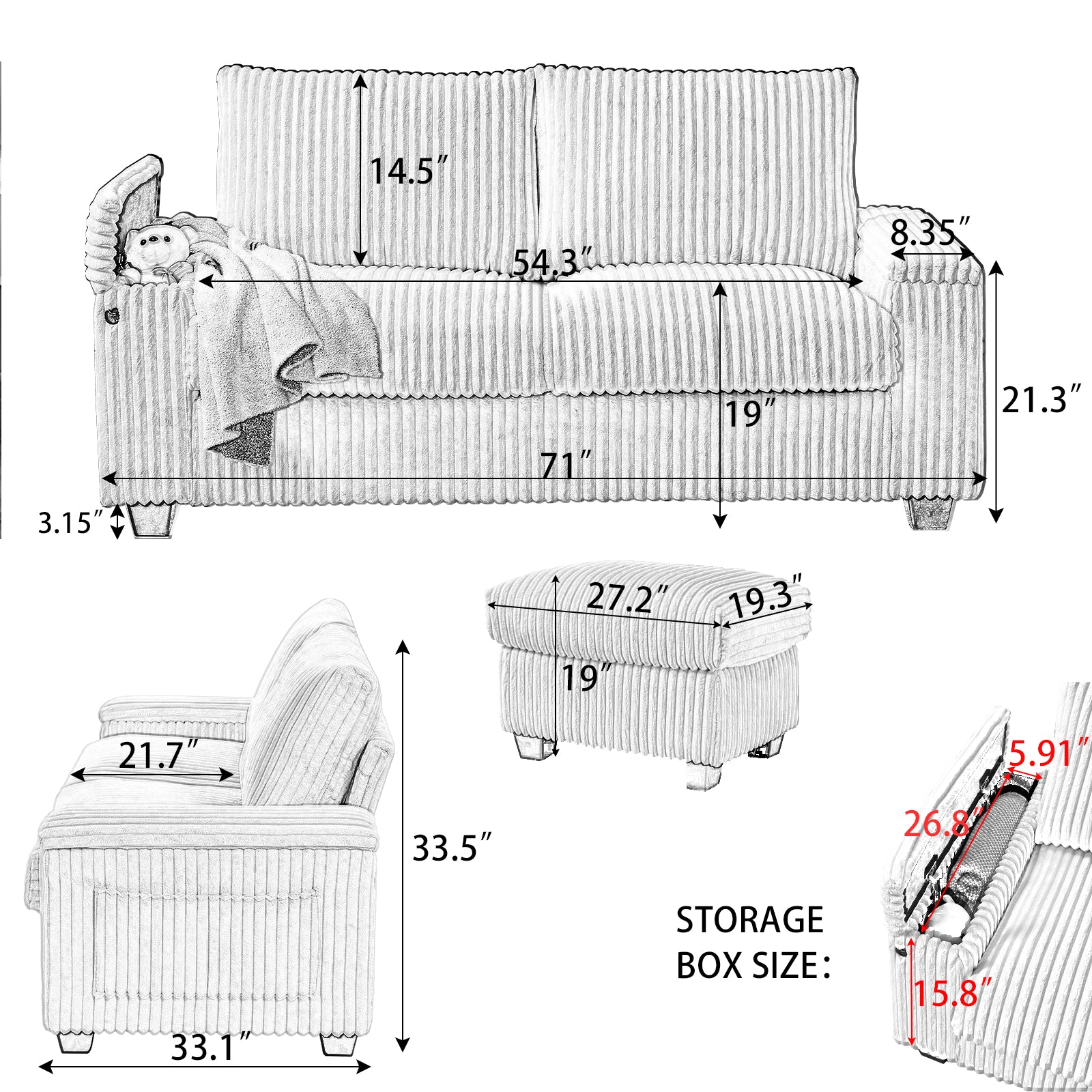 71" Loveseat Small Sofa Plush Corduroy Fabric Square Storage Armrest Usb Port Only Sofa, Do Not Include Ottoman Beige Fabric