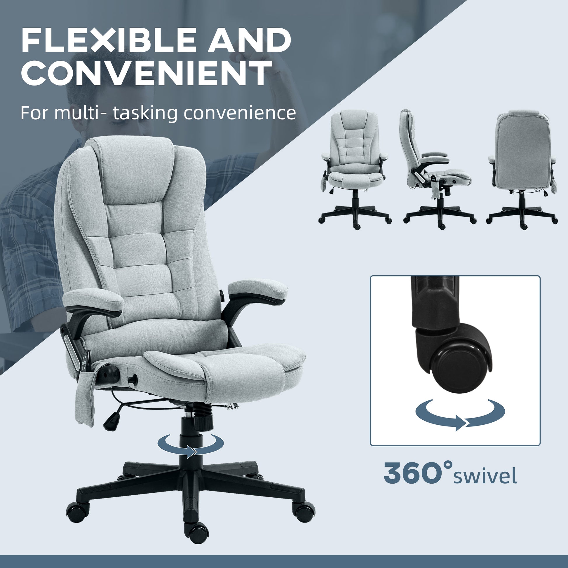 Homcom 6 Point Vibrating Massage Office Chair With Heat, Linen High Back Executive Office Chair With Reclining Backrest, Padded Armrests And Remote, Light Gray Light Gray Polyester