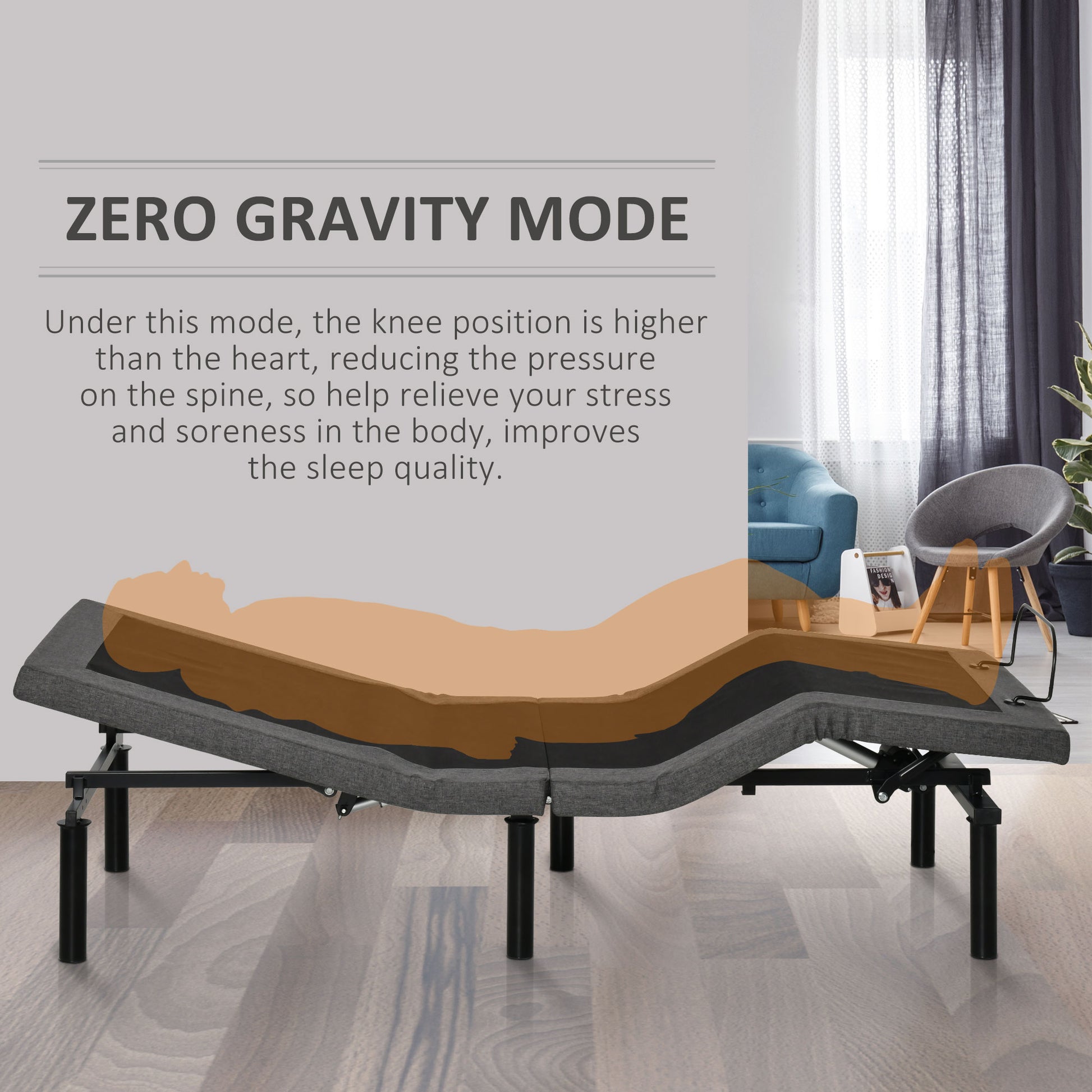 Homcom Twin Xl Adjustable Bed Frame, Ergonomic Zero Gravity Power Bed Base With Head And Foot Incline, Memory, And Wireless Remote, Gray Black Grey Steel