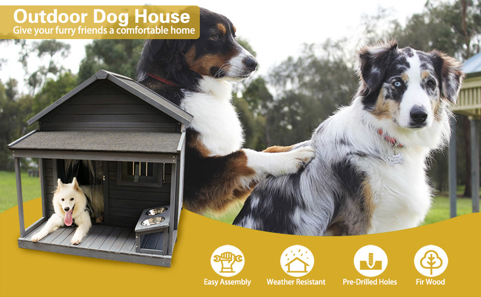 Large Balcony Doghouse, 44.2" Long X 44.6" Wide X 44.6" High Solid Wood Asphalt Roof Dog House For Large Dogs With Large Terrace, Weatherproof Large Dog House,Complimentary A Good Cleaning Mat Gray Solid Wood