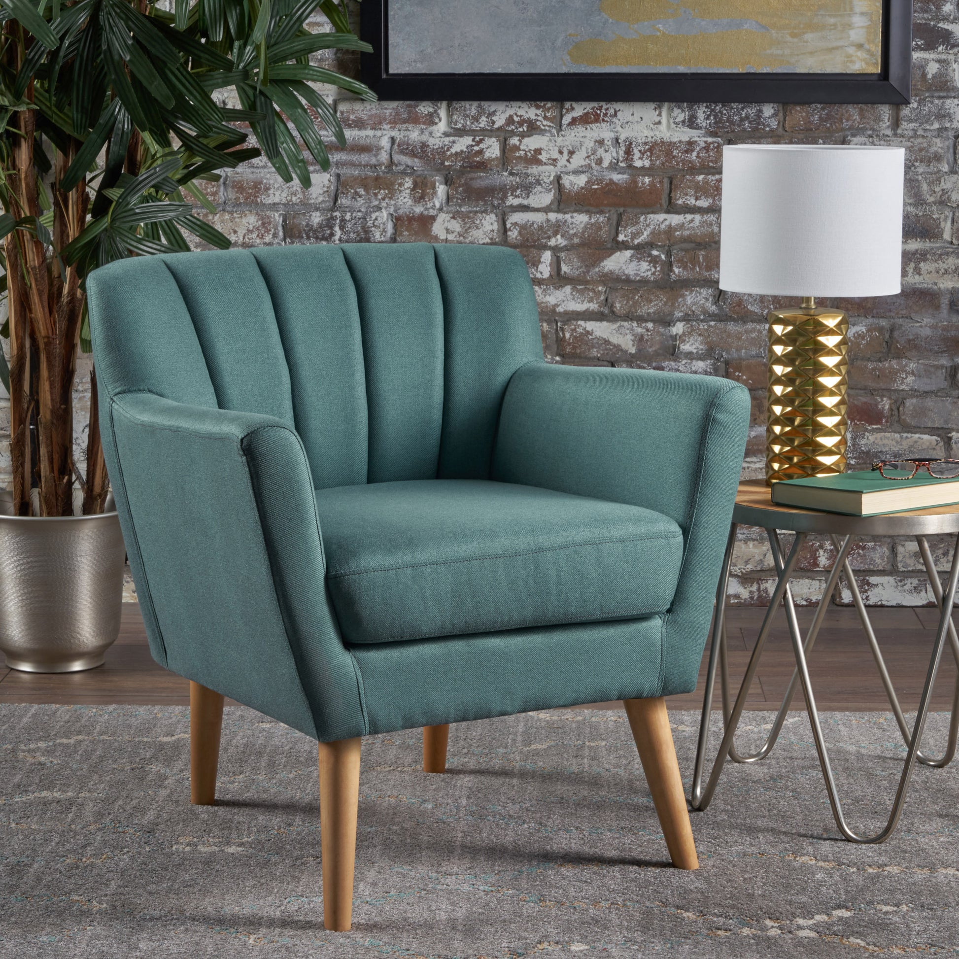 Mid Century Modern Fabric Club Chair, 28.30" W X 27.60" D X 31.50" H, Dark Teal Natural Teal Linen