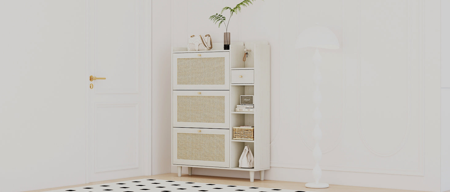 Natural Bohemia Style Shoe Cabinet, Shoe Rack Cabinet With 3 Rattan Flip Drawers,3 Square Shelves And 1 Storage Drawer, Shoe Organizer With Mulit Storage Space And Hooks For Hallway, Entryway, White Freestanding 3 4 Drawers Antique White Primary Living