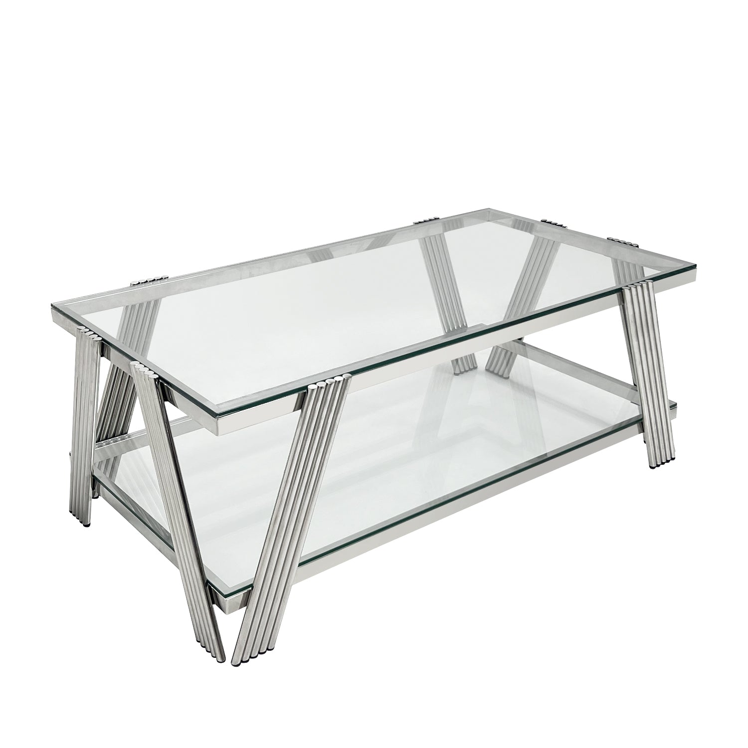 47" Wide Rectangle Modern Stainless Steel Coffee Table, Double Layer Clear Tempered Glass Coffee Table, Center Table With Storage, For Living Room Home Office, Easy Assembly, Silver Clear,Silver