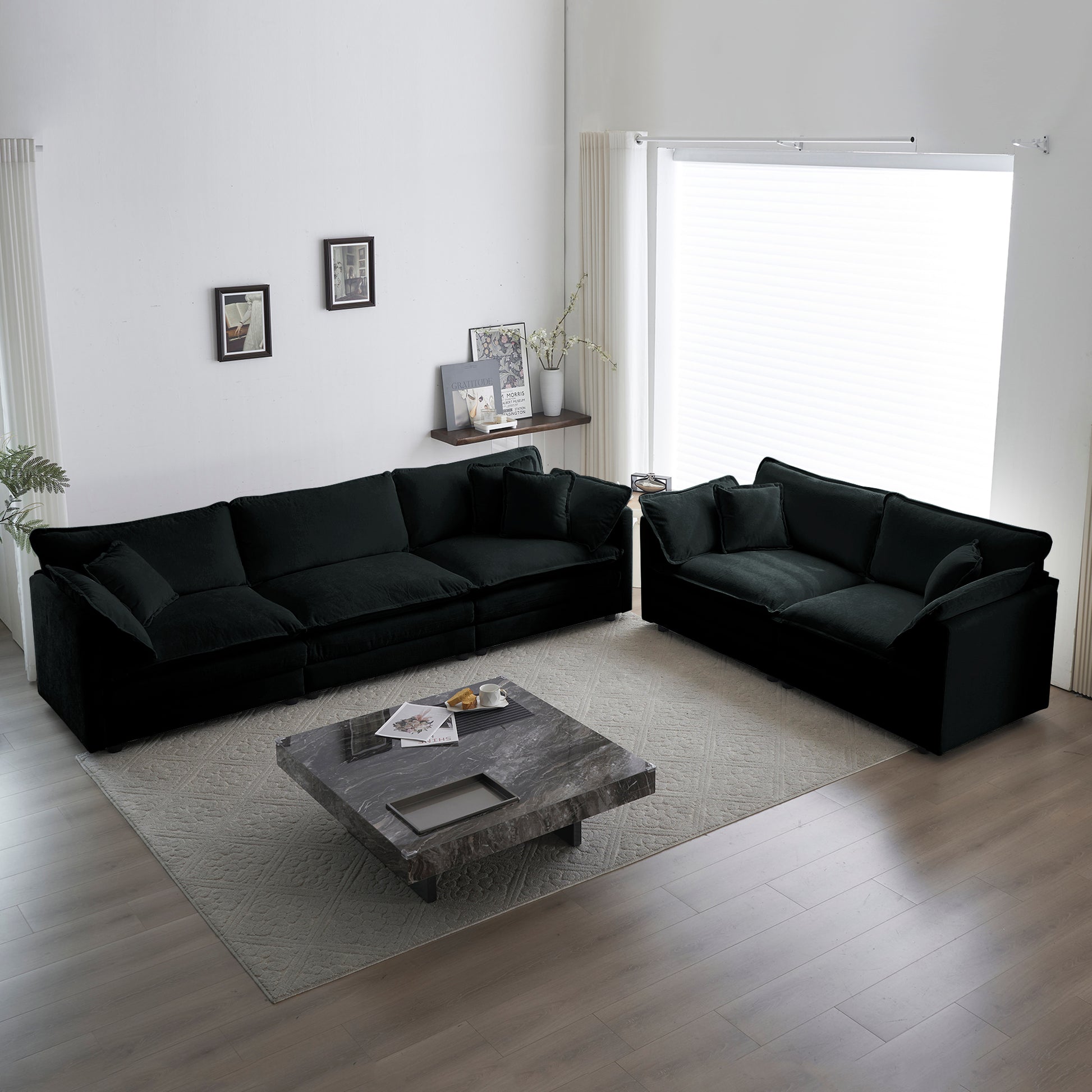 Modern Sofa Couch, 3 Piece Set Extra Deep Seat Sectional Sofa For Living Room, Oversized Sofa, 3 Seat Sofa, Loveseat And Single Sofa, Black Chenille Green Chenille 6 Seat