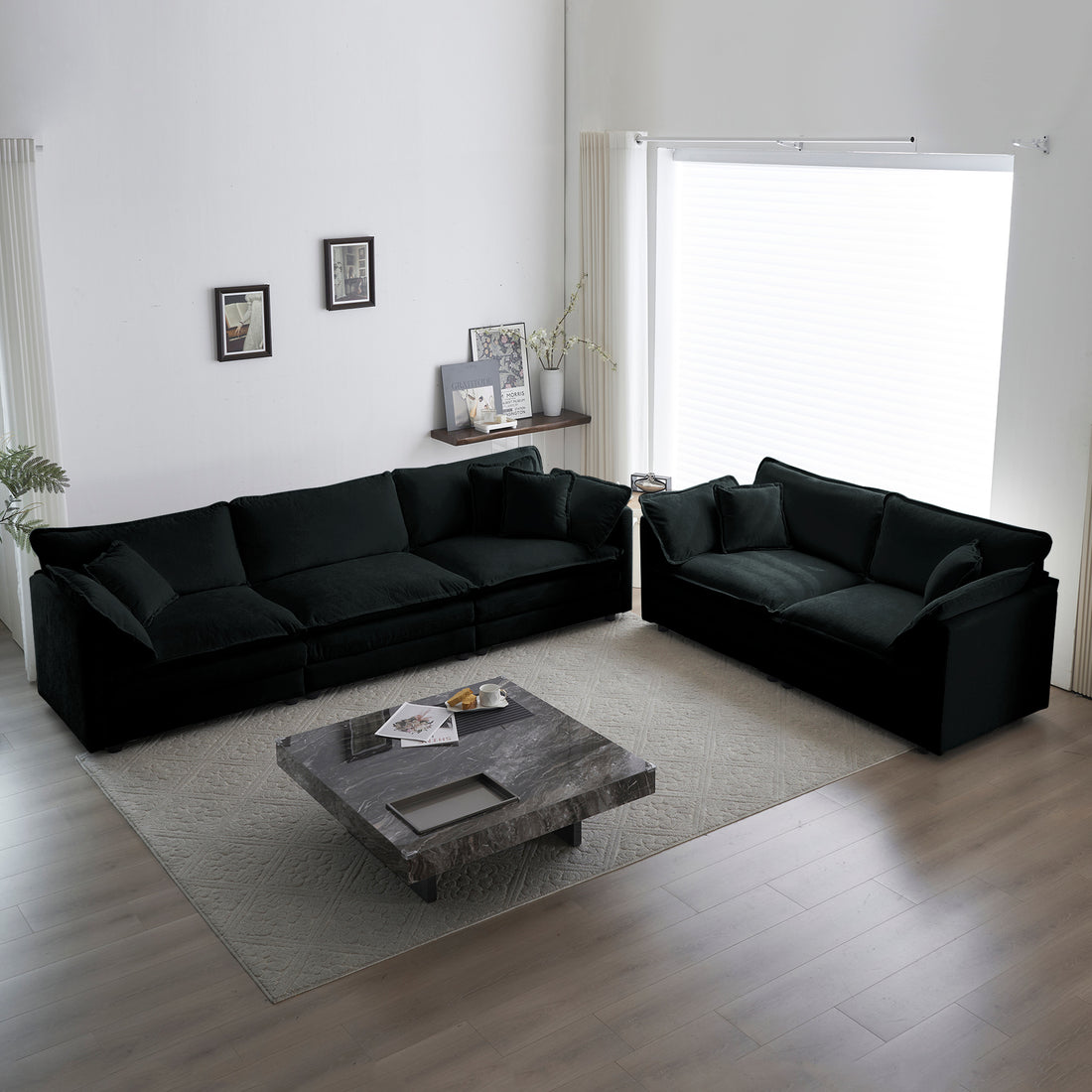 Sofa Set Of 2 Chenille Couch, 2 3 Seater Sofa Set Deep Seat Sofa, Modern Sofa Set For Living Room, Black Chenille Black Chenille 5 Seat