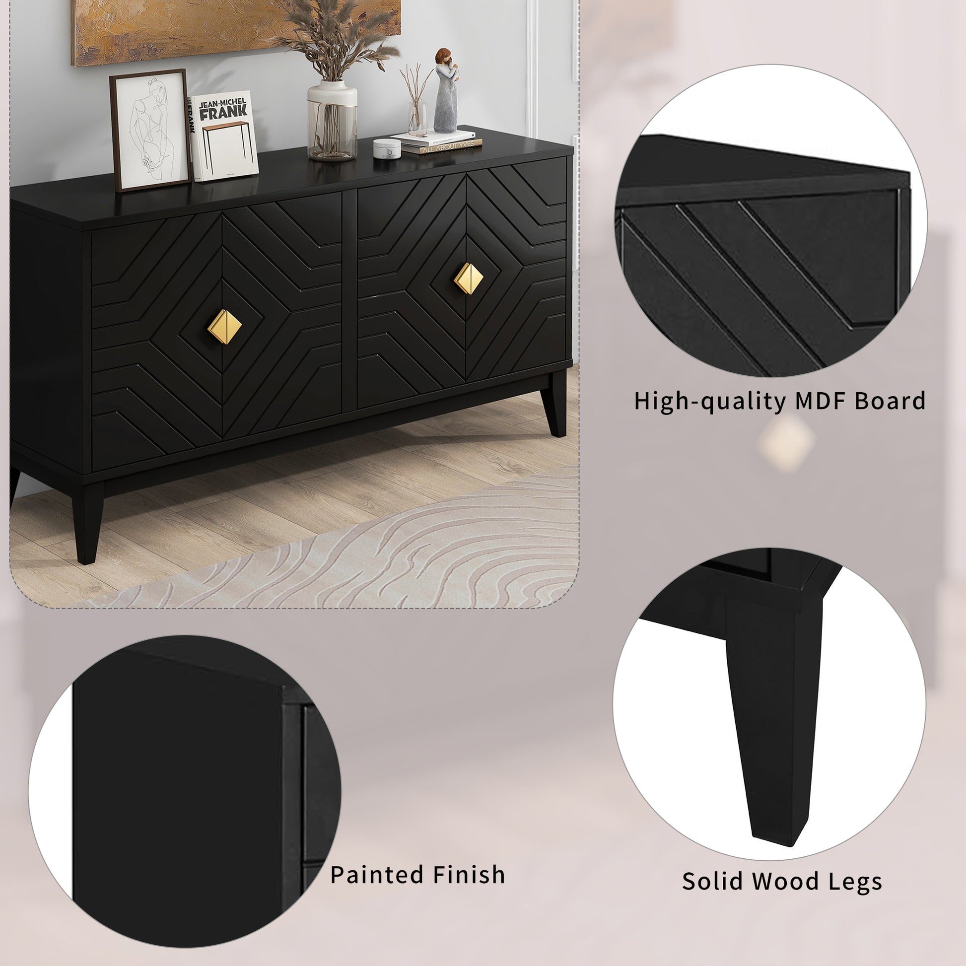 4 Door Sideboard Storage Cabinet For Living Room And Dining Room, Two Large Cabinets With Gold Handles And Adjustable Shelf, Black Black Rubberwood Solid Wood Mdf