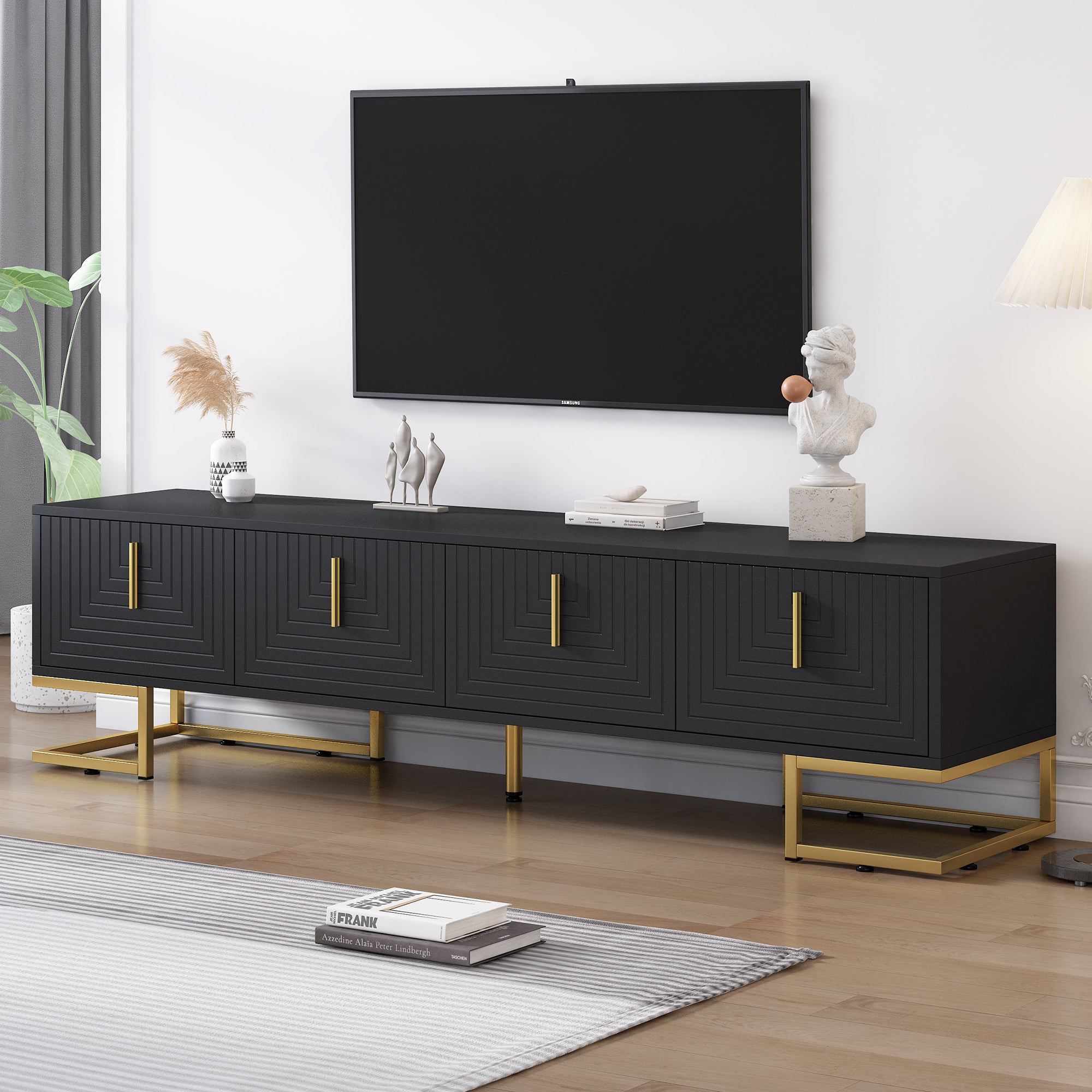 Modern Tv Stand With Metal Legs And Gold Handles For Tvs Up To 80'', Media Console Table With Cabinets And Adjustable Shelves, Luxury Tv Cabinet With Geometric Lines For Living Room, Black Black Gold Primary Living Space 80 89 Inches 80 89 Inches 80