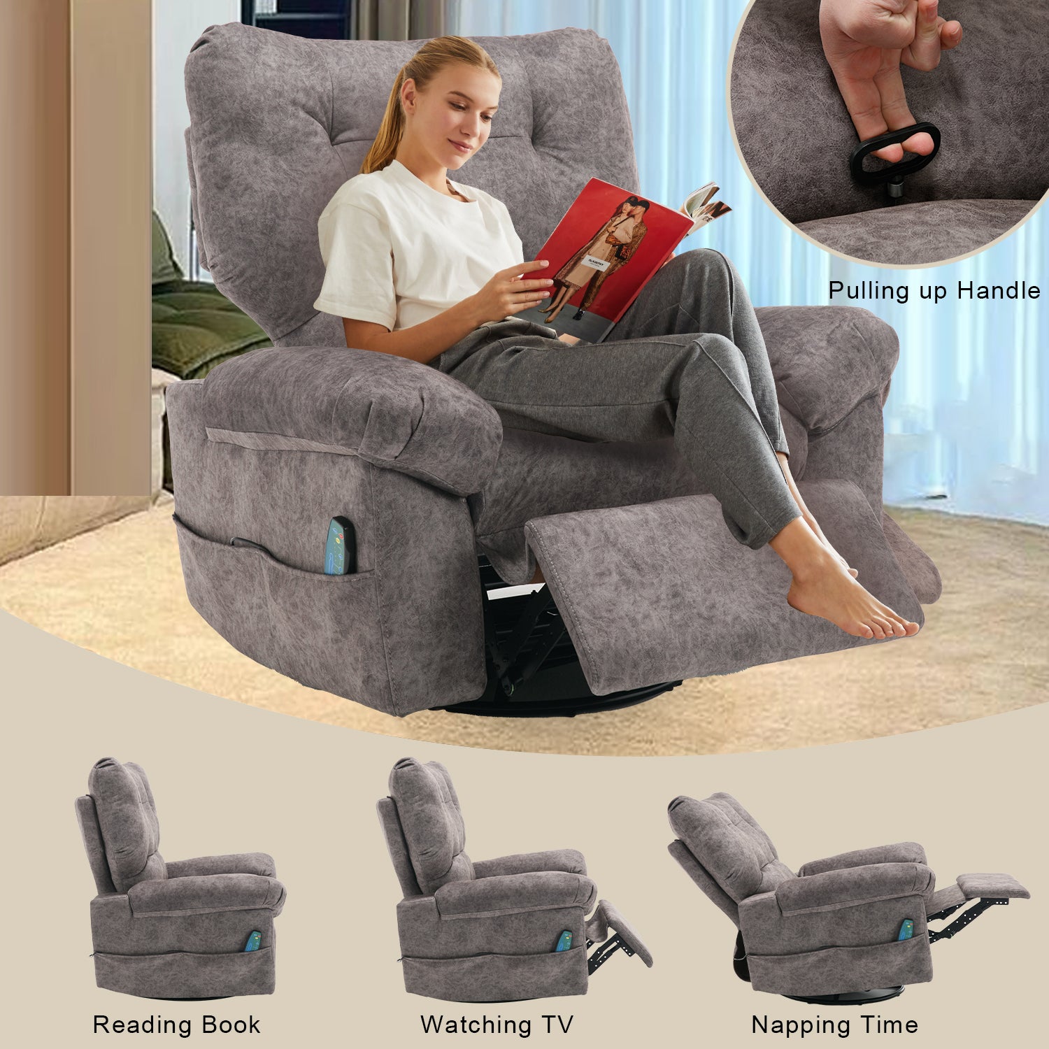 Overstuffed Rocker Recliner Chair With Massage And Heat, 360 Swivel Fabric Wide Seat Single Sofa Lounge Chairs With Side Pocket, Manual Home Theater Recliners For Living Room Grey Metal Soft Heavy Duty Textile