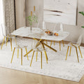 Table And Chair Set.Modern Luxurious White Marble Patterned Tempered Glass Dining Table Set With Transparent Pp Chairs.6 Transparent High Quality Pp Dining Chairs With Golden Legs. White Gold Seats