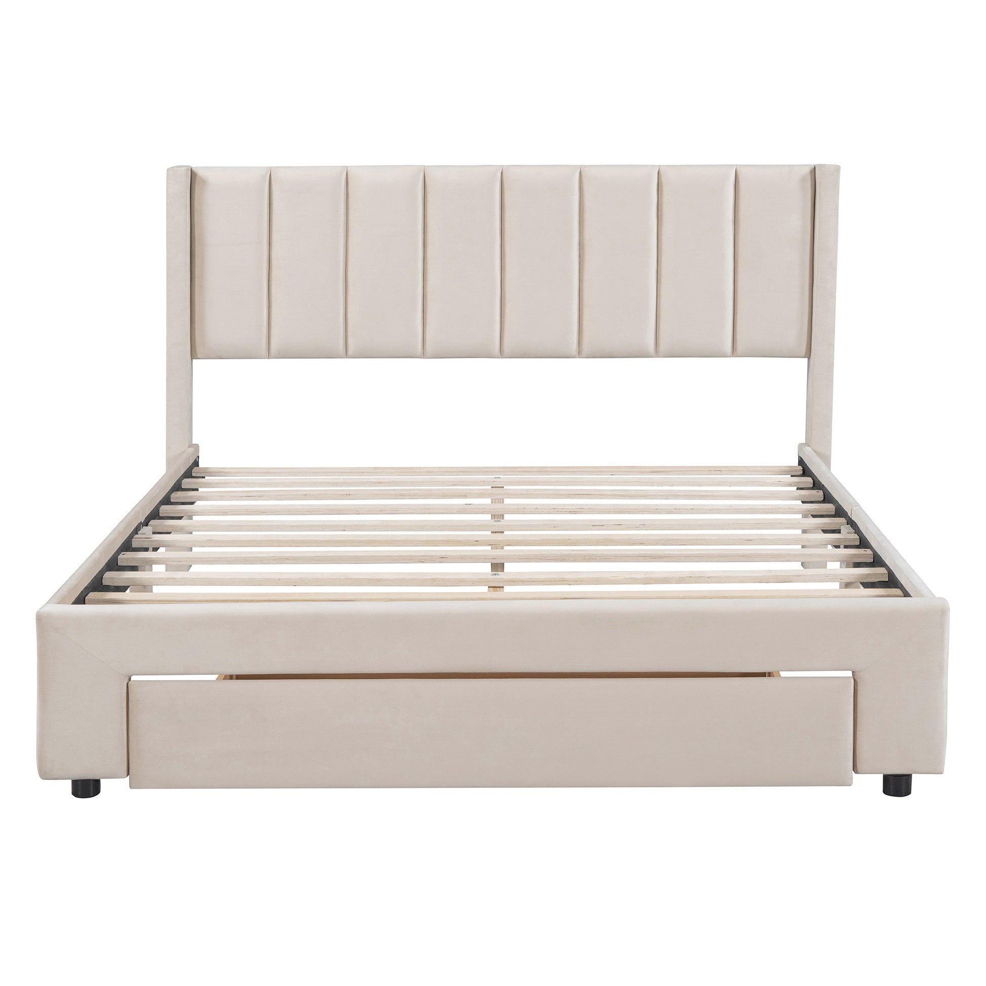 Queen Size Storage Bed Velvet Upholstered Platform Bed With A Big Drawer Beige Old Sku:Wf296854Aaa Queen Beige Velvet