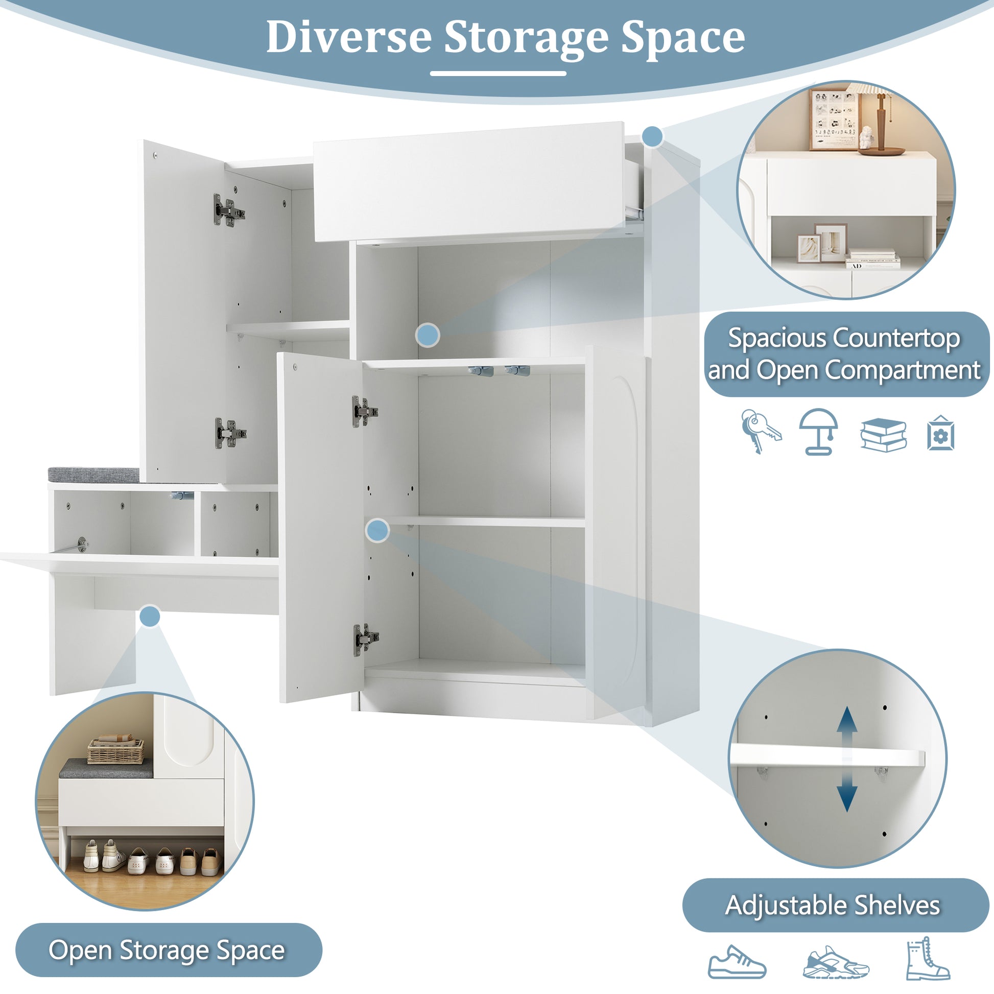 Elegant 2 In 1 Shoe Cabinets With Soft Cushion, Modern Storage Bench With Arched Doors & Rebound Devices, Versatile Shoe Rack Organizer With Adjustable Shelves For Hallway, Living Room, White White