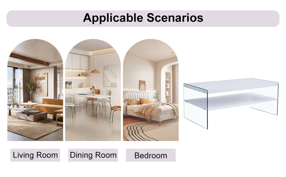 Double Rectangular Coffee Table. The Board Surface Is Mdf, With White Stickers, And Both Sides Are Transparent Tempered Glass. Suitable For Living Room, Bedroom And Other Occasions. White Mdf Glass