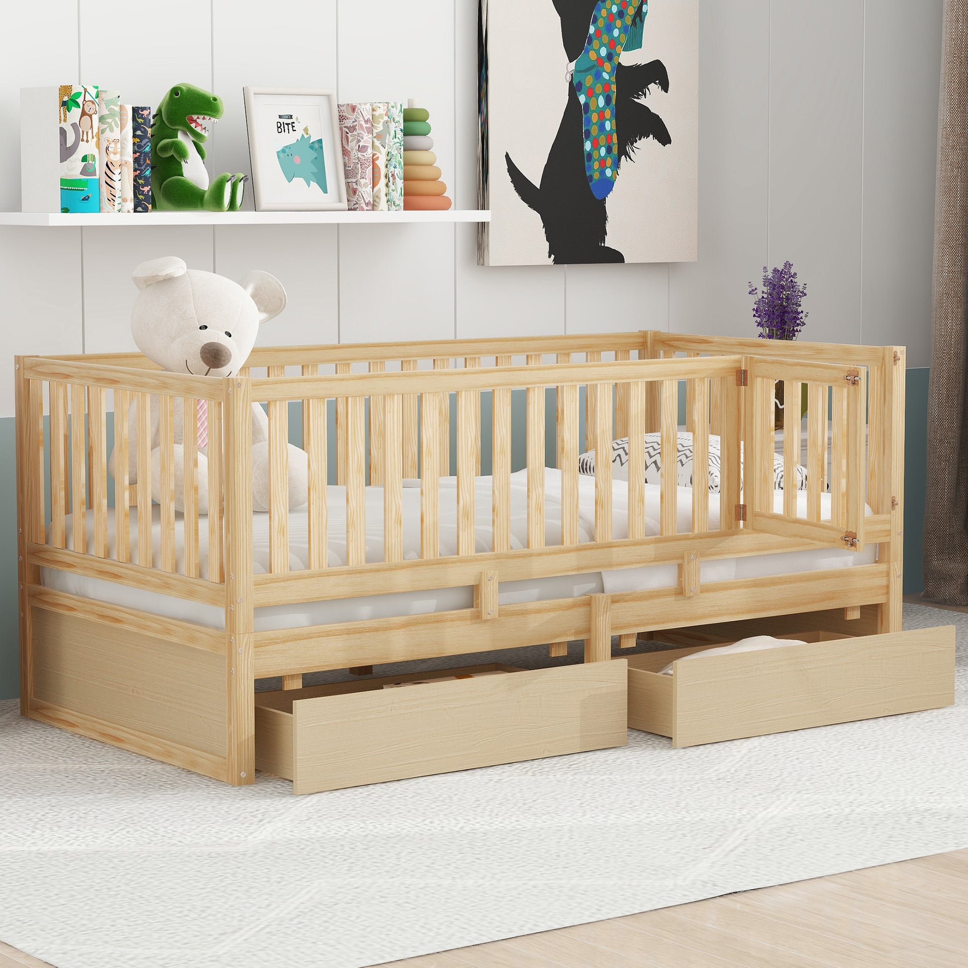 Twin Size Wood Daybed With Fence Guardrails And 2 Drawers, Split Into Independent Floor Bed & Daybed, Natural Old Sku :Lp000881Aan Twin Natural Solid Wood Mdf