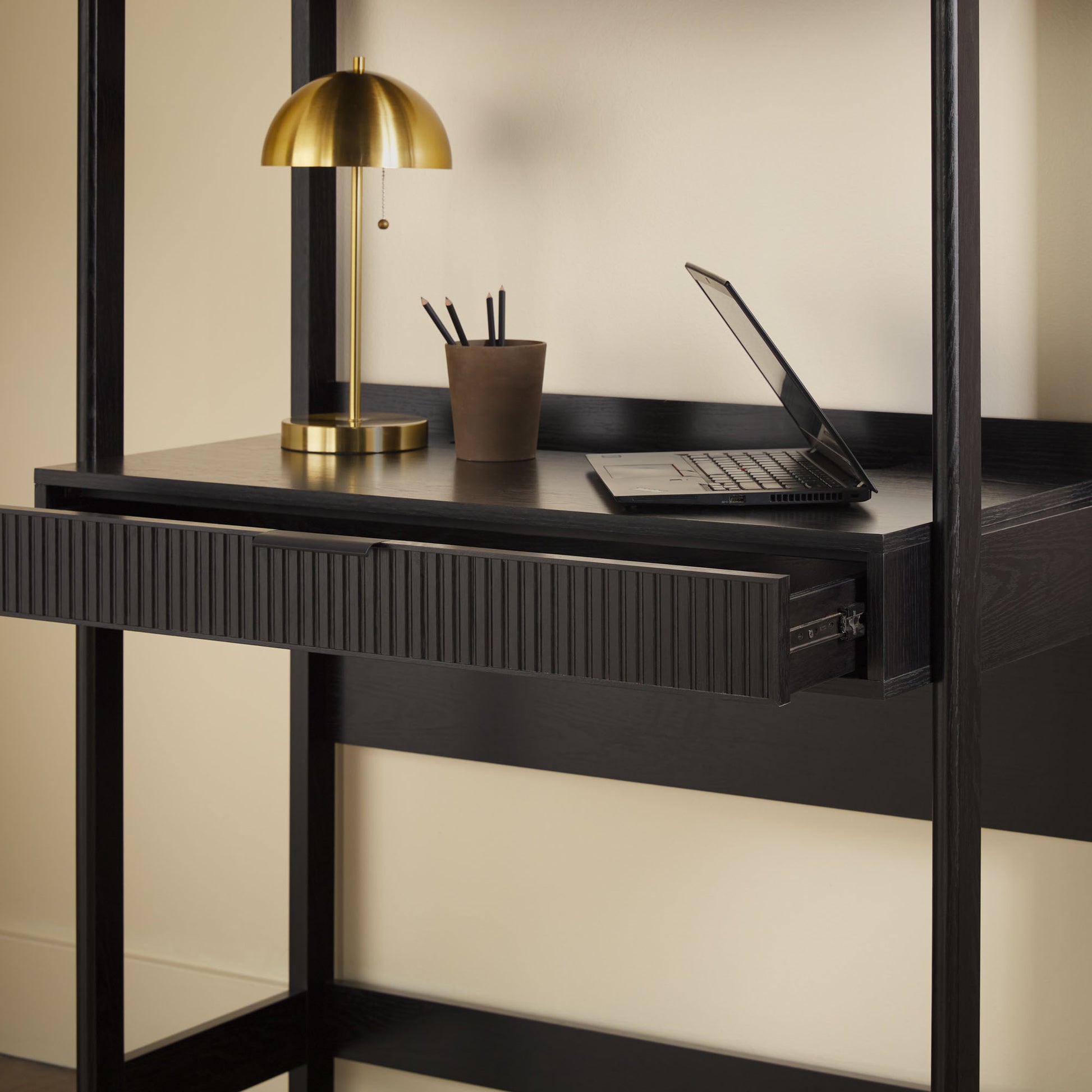 Transitional Reeded Desk With Hutch And Drawers Plus Tech Management Black Black Mdf Mdf