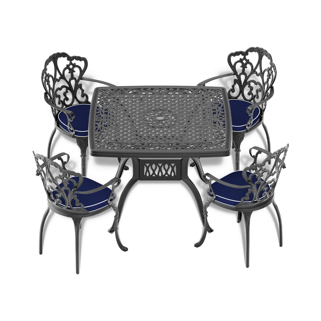 Cushions In Random Colors 5 Piece Set Of Cast Aluminum Patio Furniture With Cushions Yes Dining Set Black Seats 4 Rust Resistant Frame Water Resistant Cushion Garden & Outdoor Complete Patio Sets Aluminium