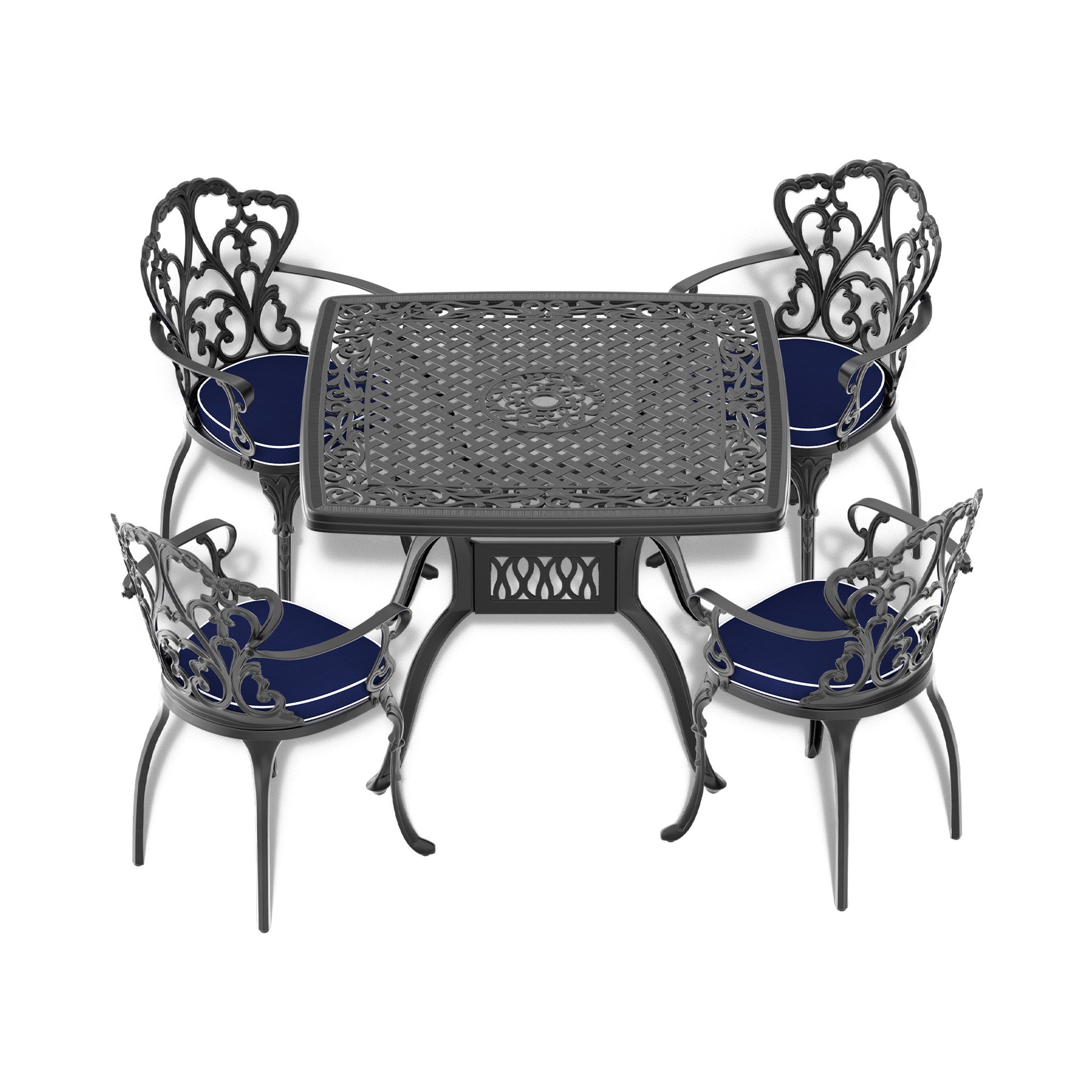 Cushions In Random Colors 5 Piece Set Of Cast Aluminum Patio Furniture With Cushions Yes Dining Set Black Seats 4 Rust Resistant Frame Water Resistant Cushion Garden & Outdoor Complete Patio Sets Aluminium