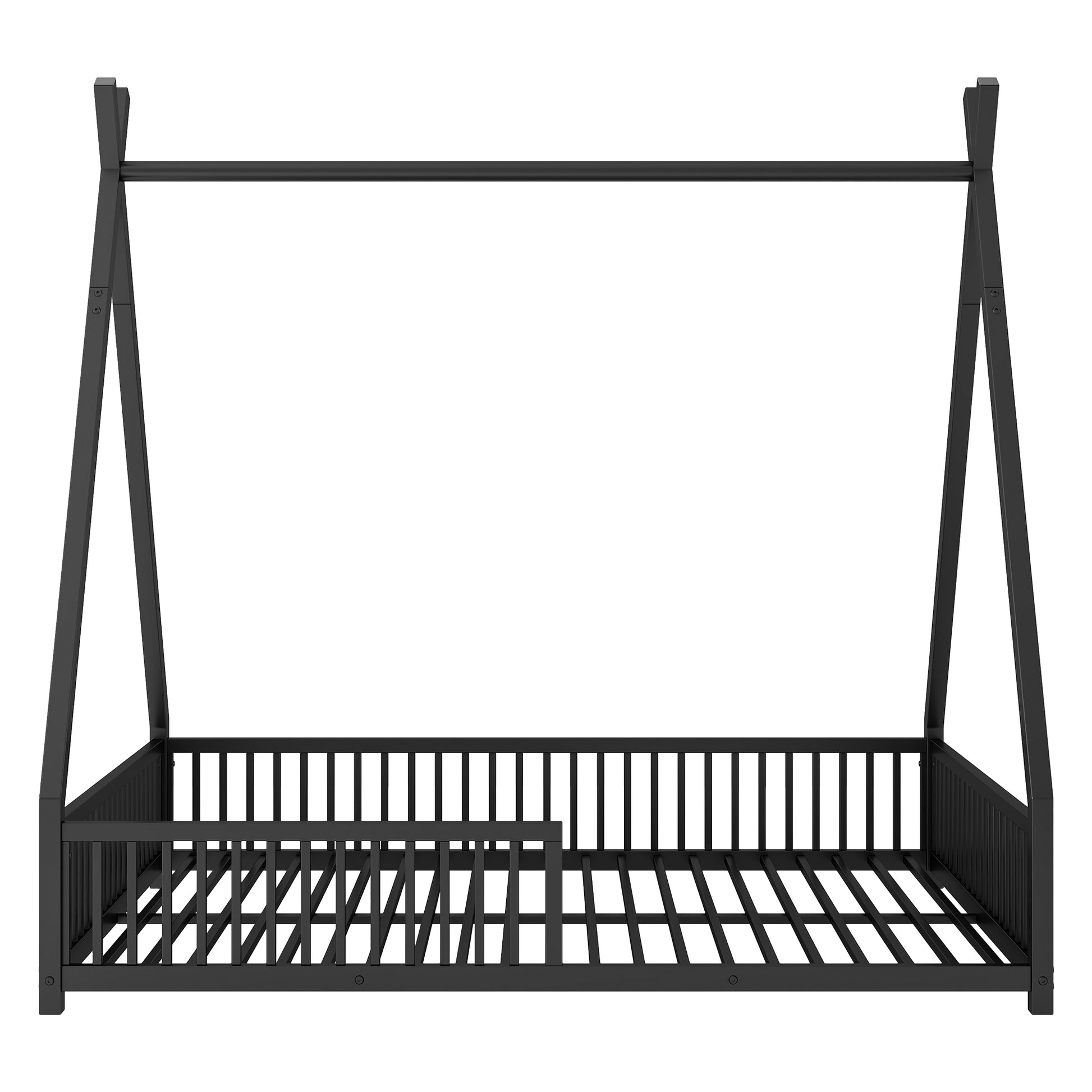 Metal Full Size House Platform Bed With Triangle Structure And Guardrail, Black Expected Arrival Time: 9.7 Box Spring Not Required Full Black Metal Metal