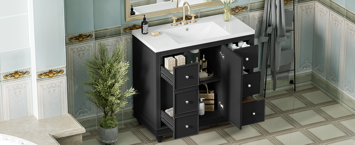 Contemporary Black Bathroom Vanity Cabinet 36X18X34 Inches, 4 Drawers & 1 Cabinet Door, Multipurpose Storage, Resin Integrated Sink, Adjustable Shelves, Solid Wood Frame With Mdf Black Bathroom