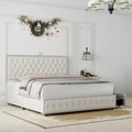 Queen Size Bed Frame With 4 Drawers, Star Galaxy Projector, Usb Charger, Music Speaker, Adjustable Upholstered Headboard With Diamond Button,Velvet Cream Mdf Metal