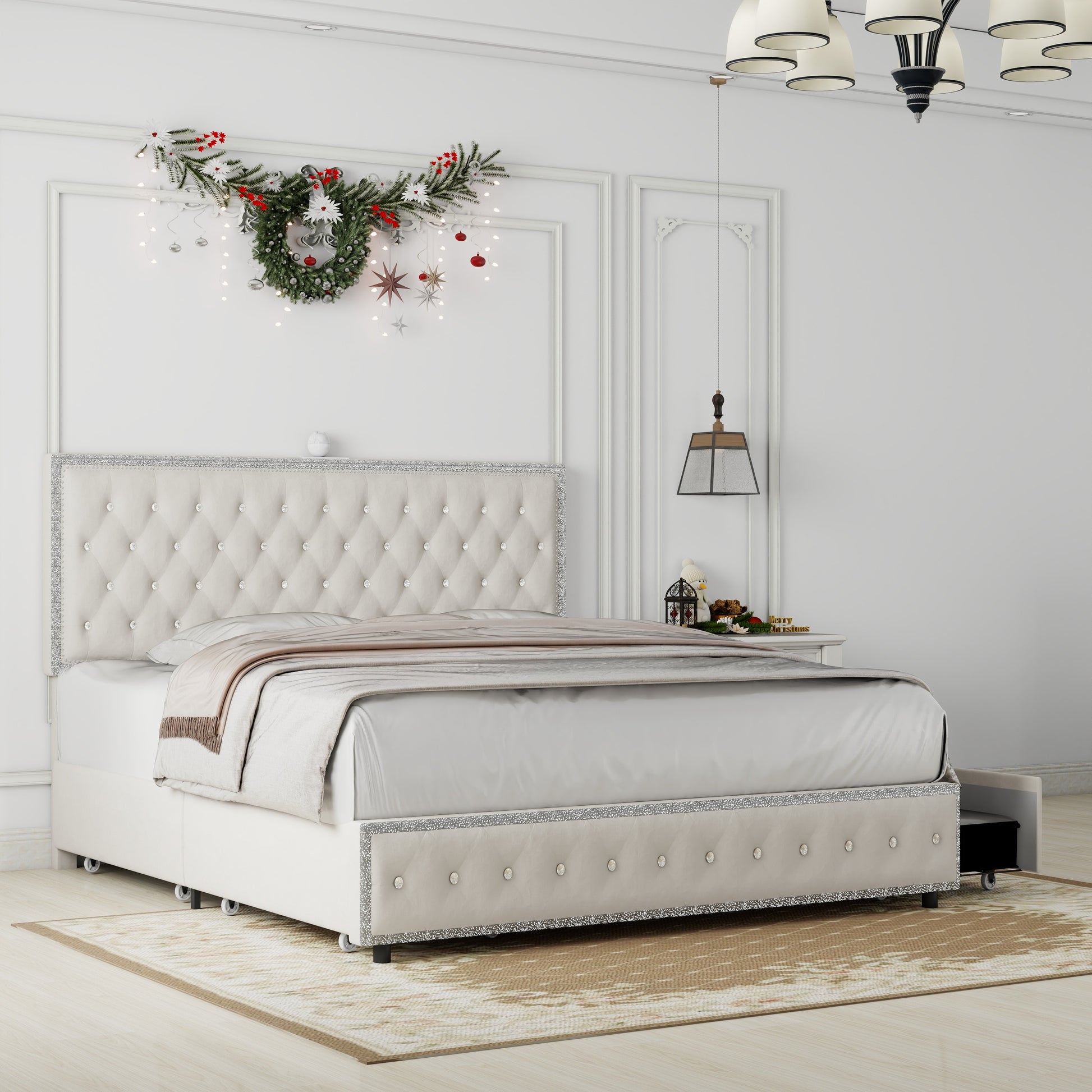 Queen Size Bed Frame With 4 Drawers, Star Galaxy Projector, Usb Charger, Music Speaker, Adjustable Upholstered Headboard With Diamond Button,Velvet Cream Mdf Metal