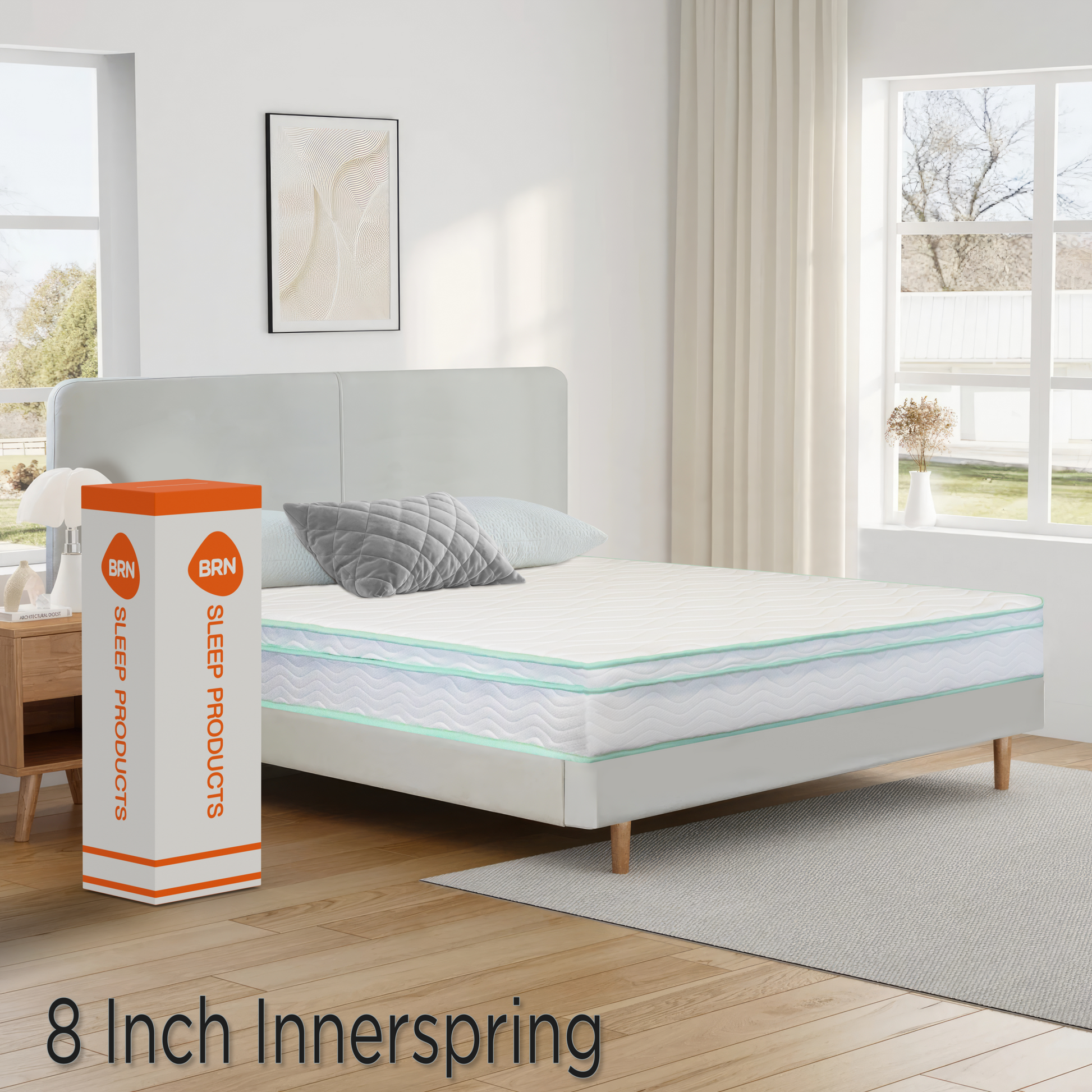 Twin Size 8" Medium Cool Gel Memory Foam Innerspring Hybrid Mattress White Green Foam Spring Twin