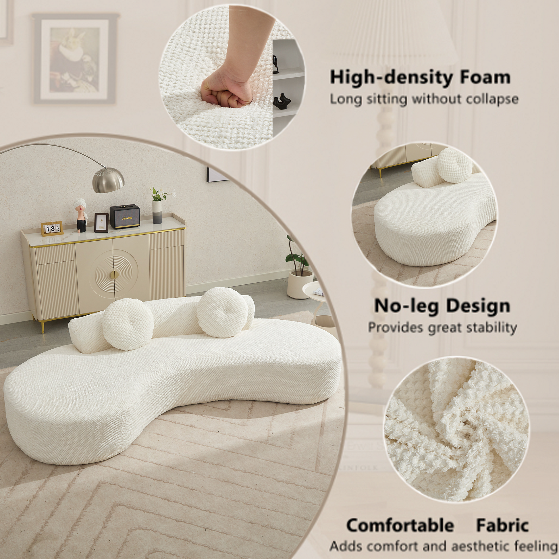 Arrived 105.5''Curved Sofa, Modern Minimalist Sofa, Cloud Couch Sofa 3 4 Seater Couch With 2 Pillows,Bedroom, No Assembly Required, Point Shaped Corduroy, Anti Wrinkle Beige Beige Polyester Primary Living Space Tight Back Soft Modern Foam Upholstered 3