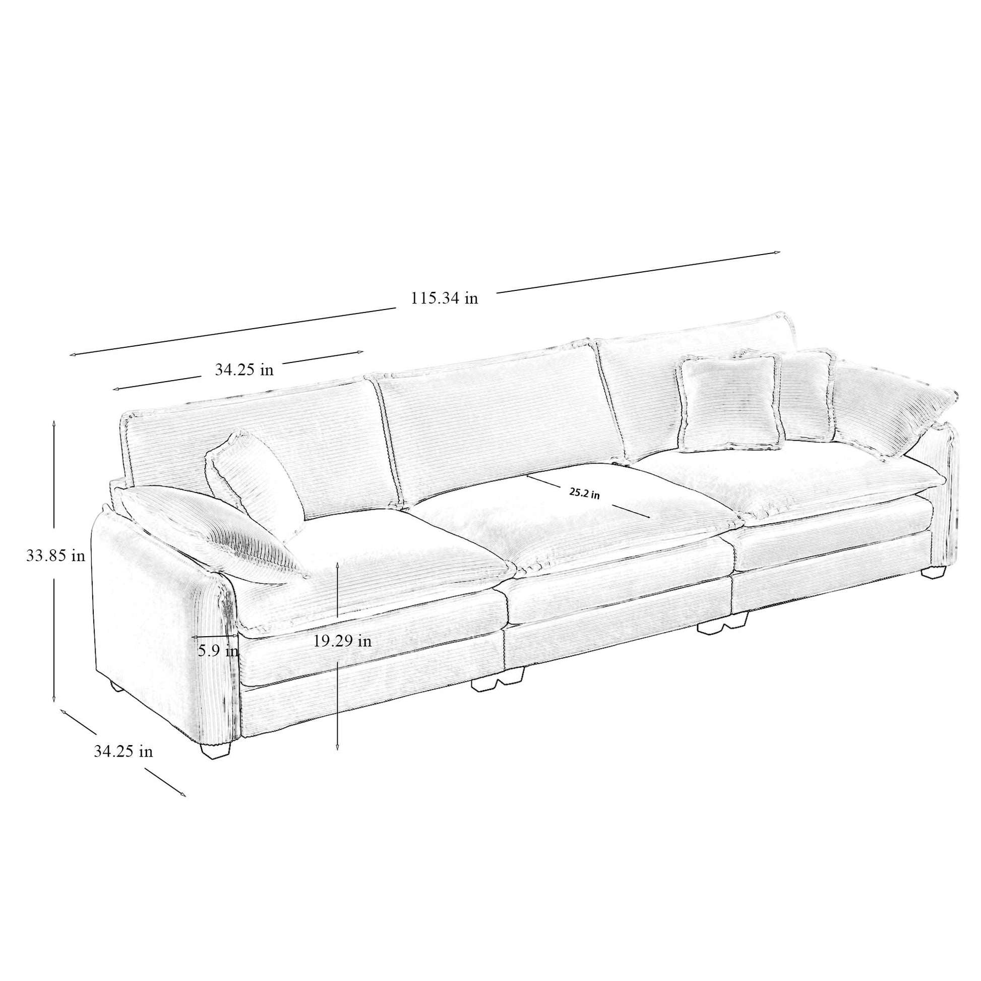 Warm And Cozy Sofa Set With Soft Cushions And Pillows, Home Theater Style Sofa Set Consisting Of A 3 Seater Sofa And Two Single Sofas Ingrey Corduroy Fabric Grey Corduroy 5 Seat