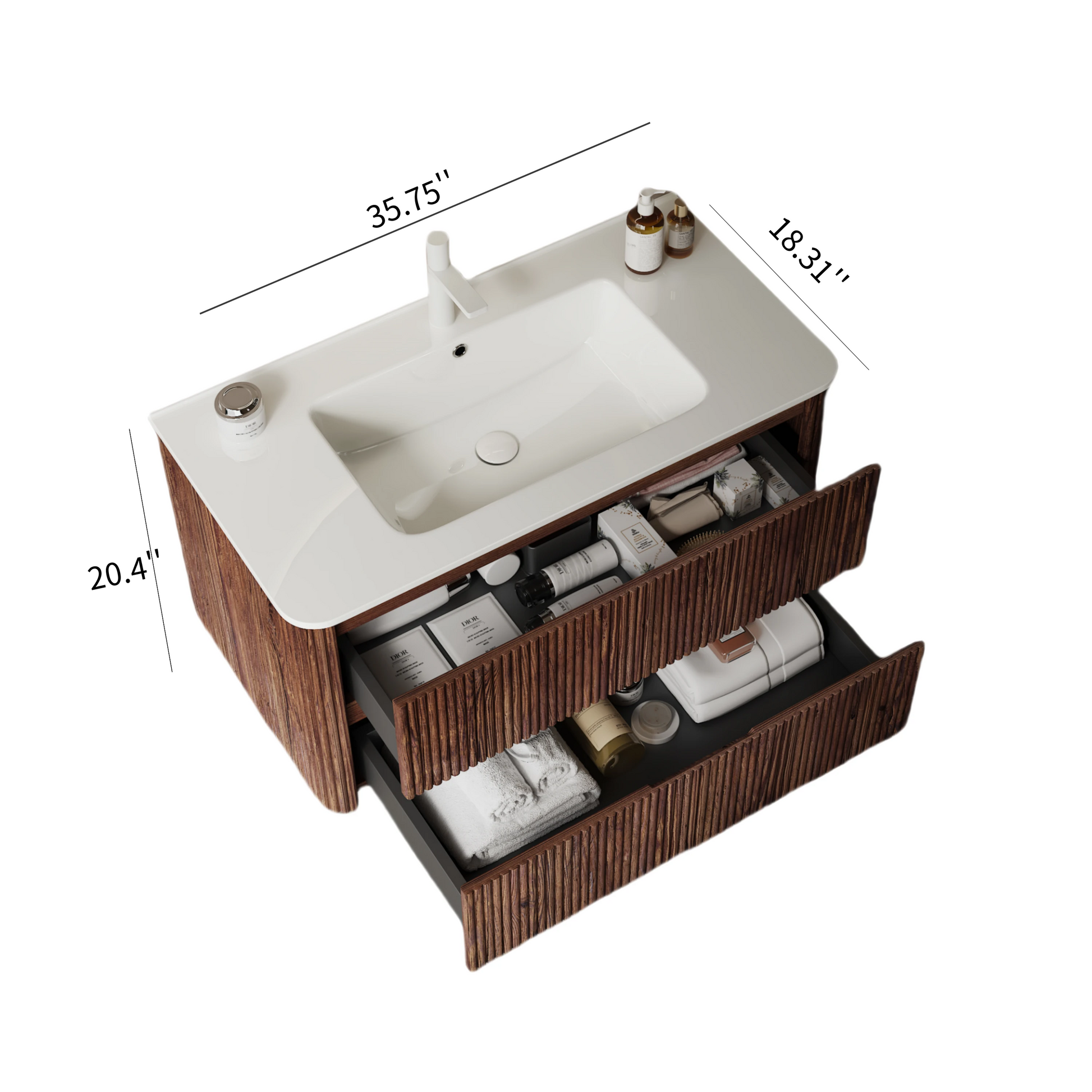 Noor 36" Bathroom Vanity With Sink, Modern Wall Mounted Floating Plywood Bathroom Storage Cabinet With 2 Drawers, White Ceramic Basin With Sink Hole Cover And Drain, Pre Assembled, Retro Walnut White Deep Walnut Bathroom Modern,Scandinavian Plywood