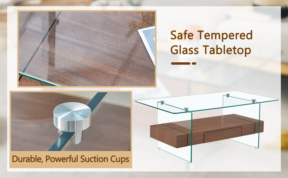 43.3 Inch Modern Two Tier Coffee Table Clear Tempered Glass And Dark Wood Grain, Multifunctional Storage Design.The Bottom Tier Includes A Drawer.Can Be Used As A Coffee Table,Side Table,Etc.