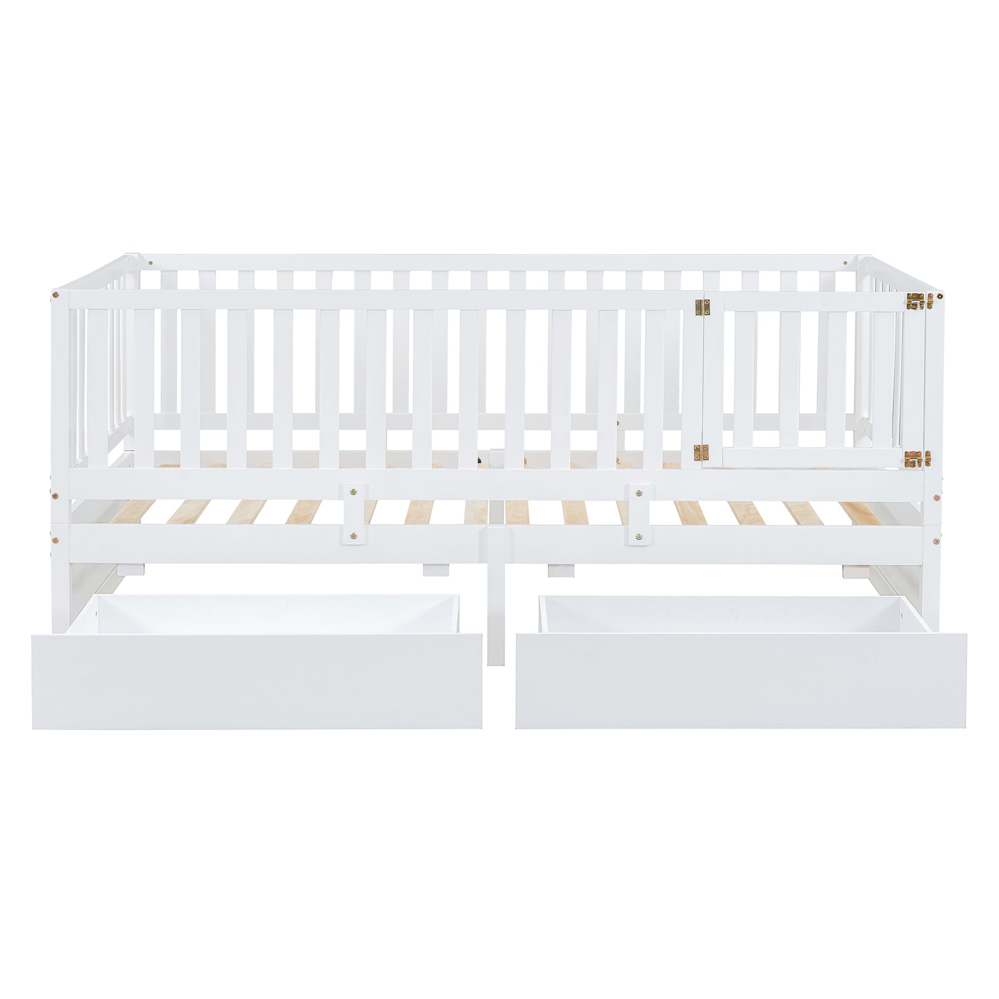 Twin Size Wood Daybed With Fence Guardrails And 2 Drawers, Split Into Independent Floor Bed & Daybed, White Old Sku :Lp000881Aak Twin White Solid Wood Mdf