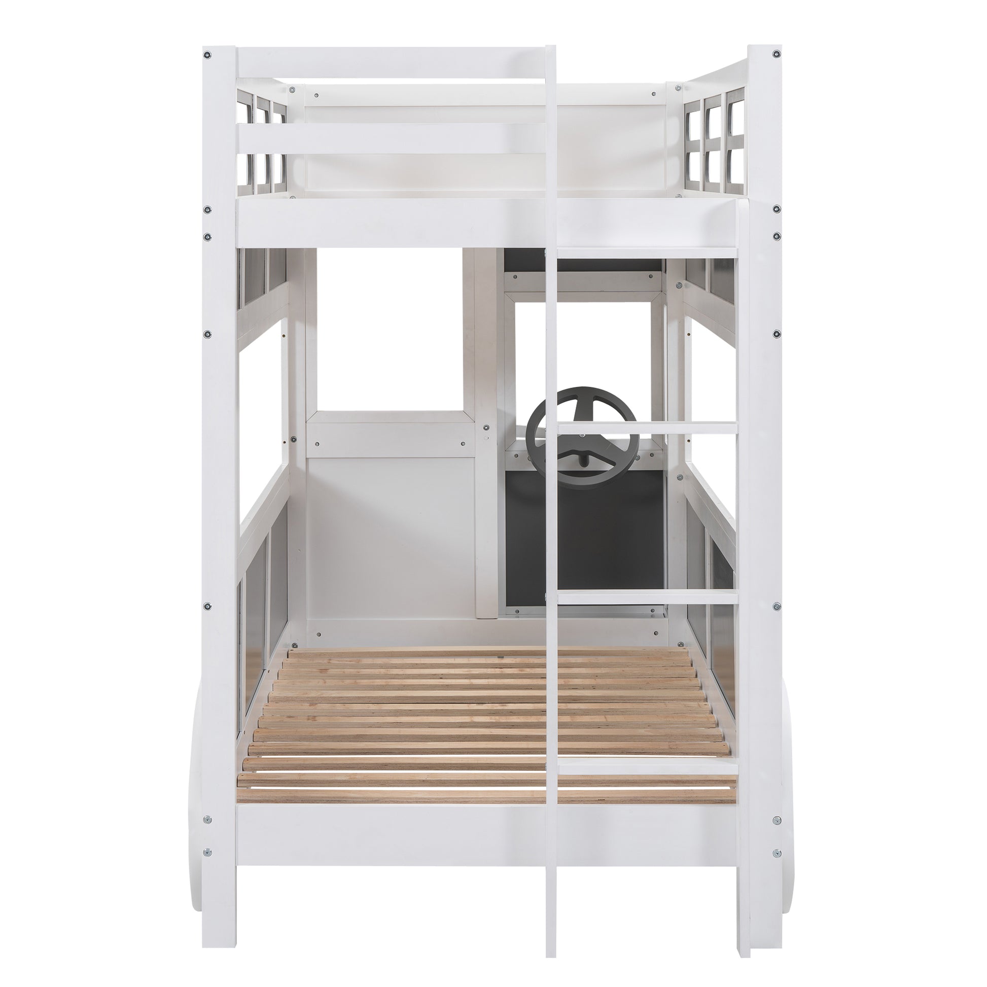 Twin Over Twin Bus Shaped Bunk Bed With Wheels And Storage, Gray White Box Spring Not Required Twin Grey White Wood Bedroom Solid Wood Mdf