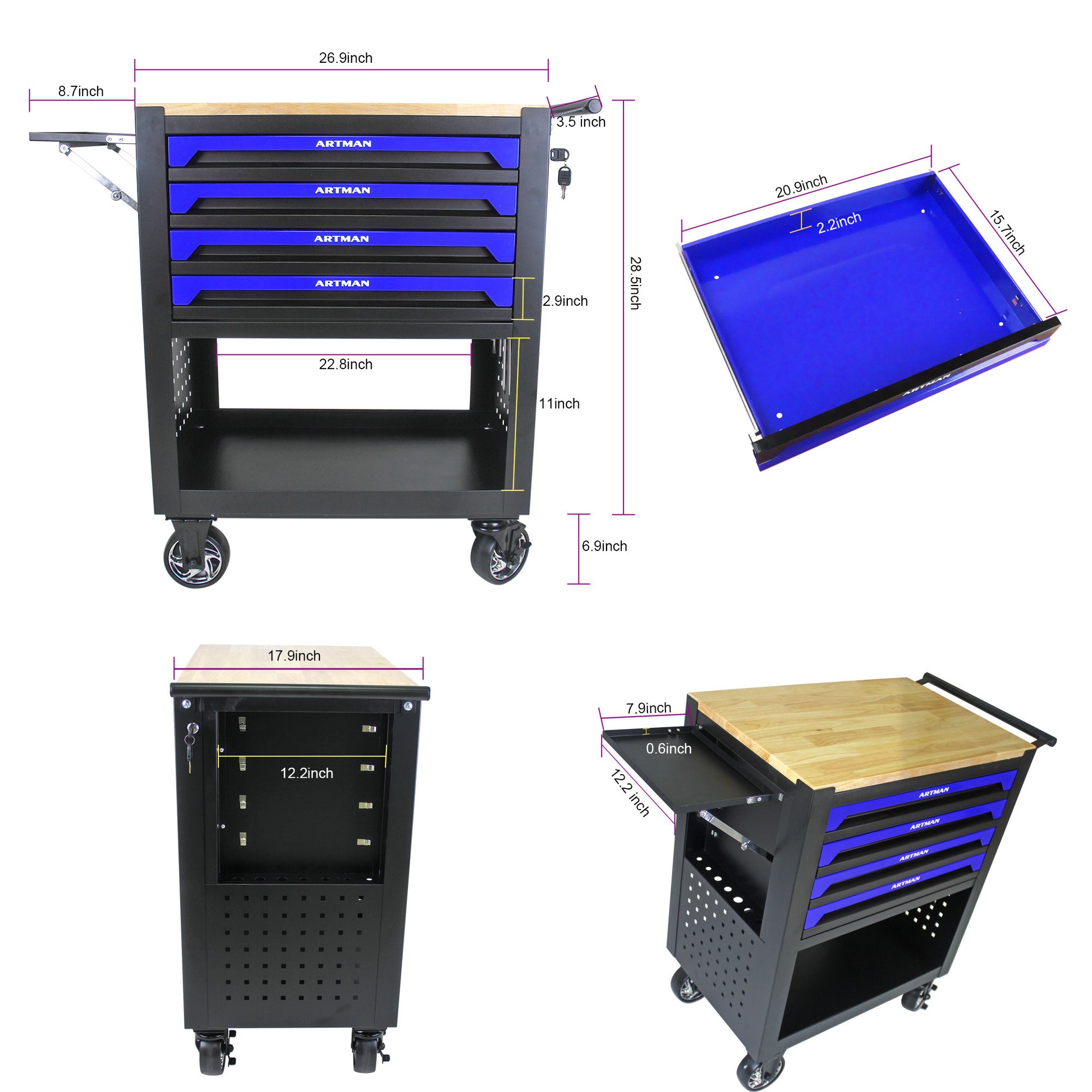 4 Drawers Multifunctional Tool Cart With Wheels And Wooden Top Blue Black Blue Metal