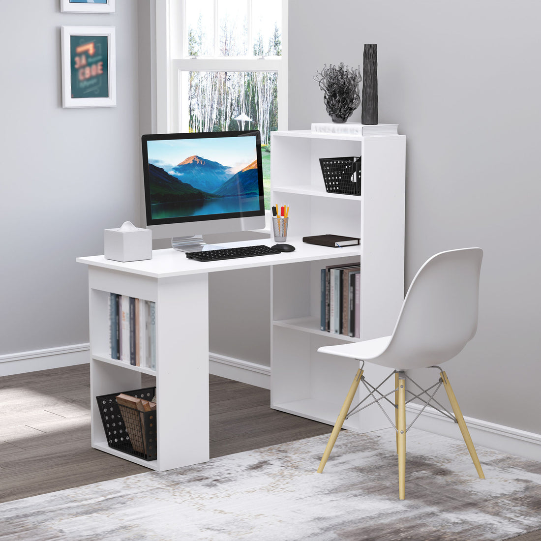 Homcom Modern Home Office Desk With 6 Tier Storage Shelves, 47" Writing Table With Bookshelf, White White Engineered Wood