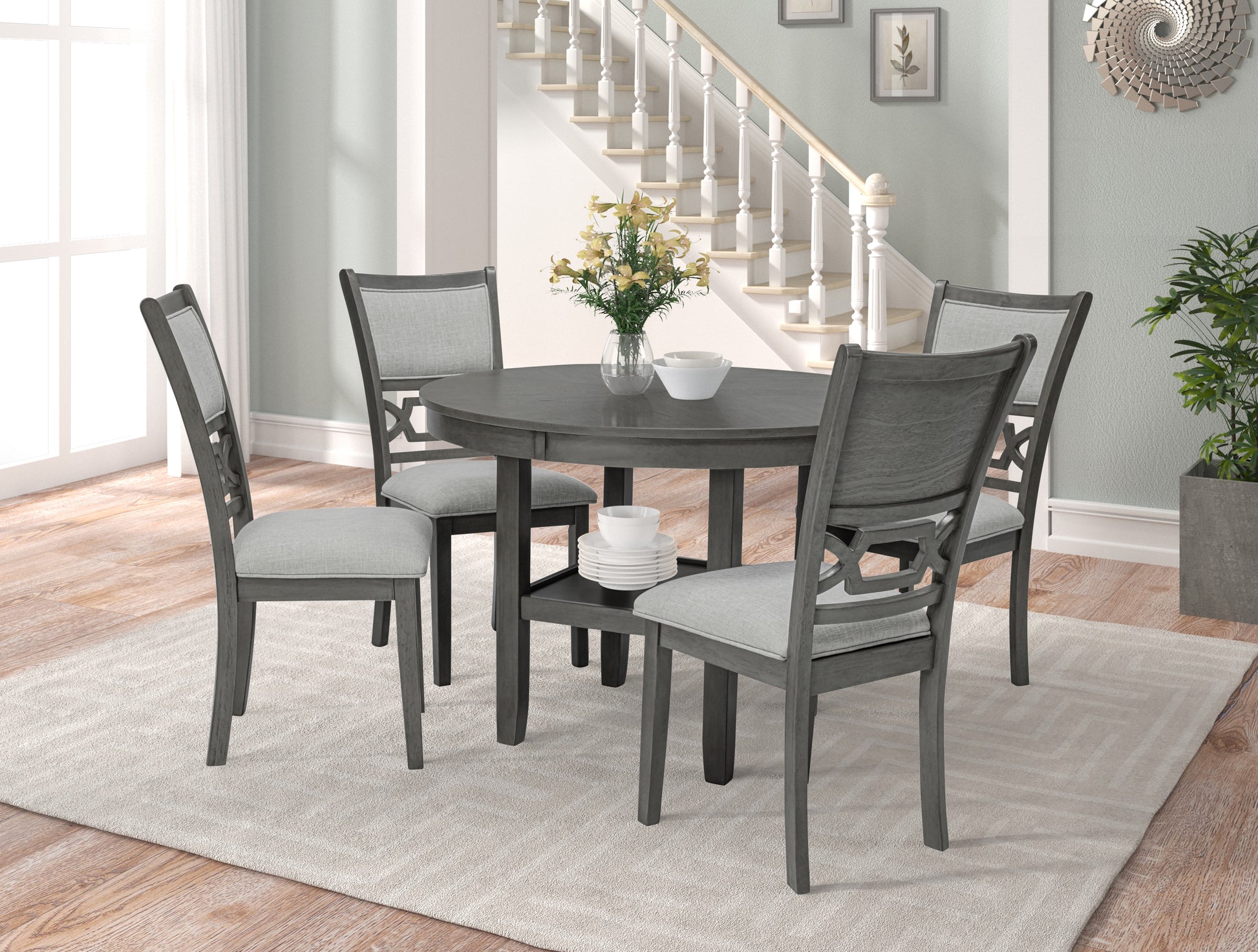 Beautiful Round 5Pc Dining Table Set Lower Storage Shelves Dining Room Set Wooden Furniture Wood Dining Room Fixed Table Rubberwood Round Dining Table With Chair Wood Wood Gray Seats 4 42 Inches