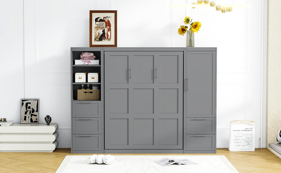 Queen Size Murphy Bed Wall Bed With Closet ,Drawers And Shelves,Gray Queen Gray Mdf Lvl
