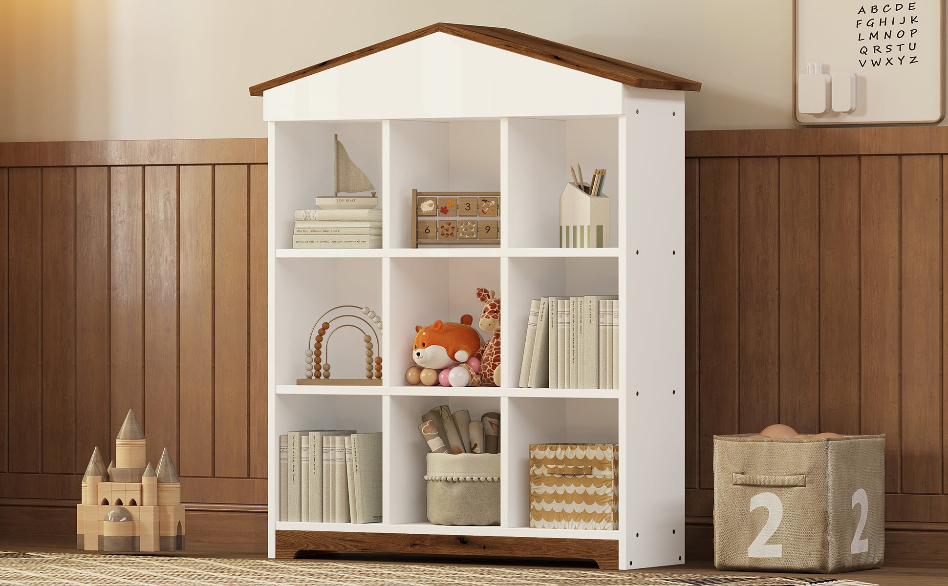 House Shaped Storage Rack With Nine Storage Compartments, Three Layer Bookshelf With Colorblock Design, White Brown Brown White Particle Board