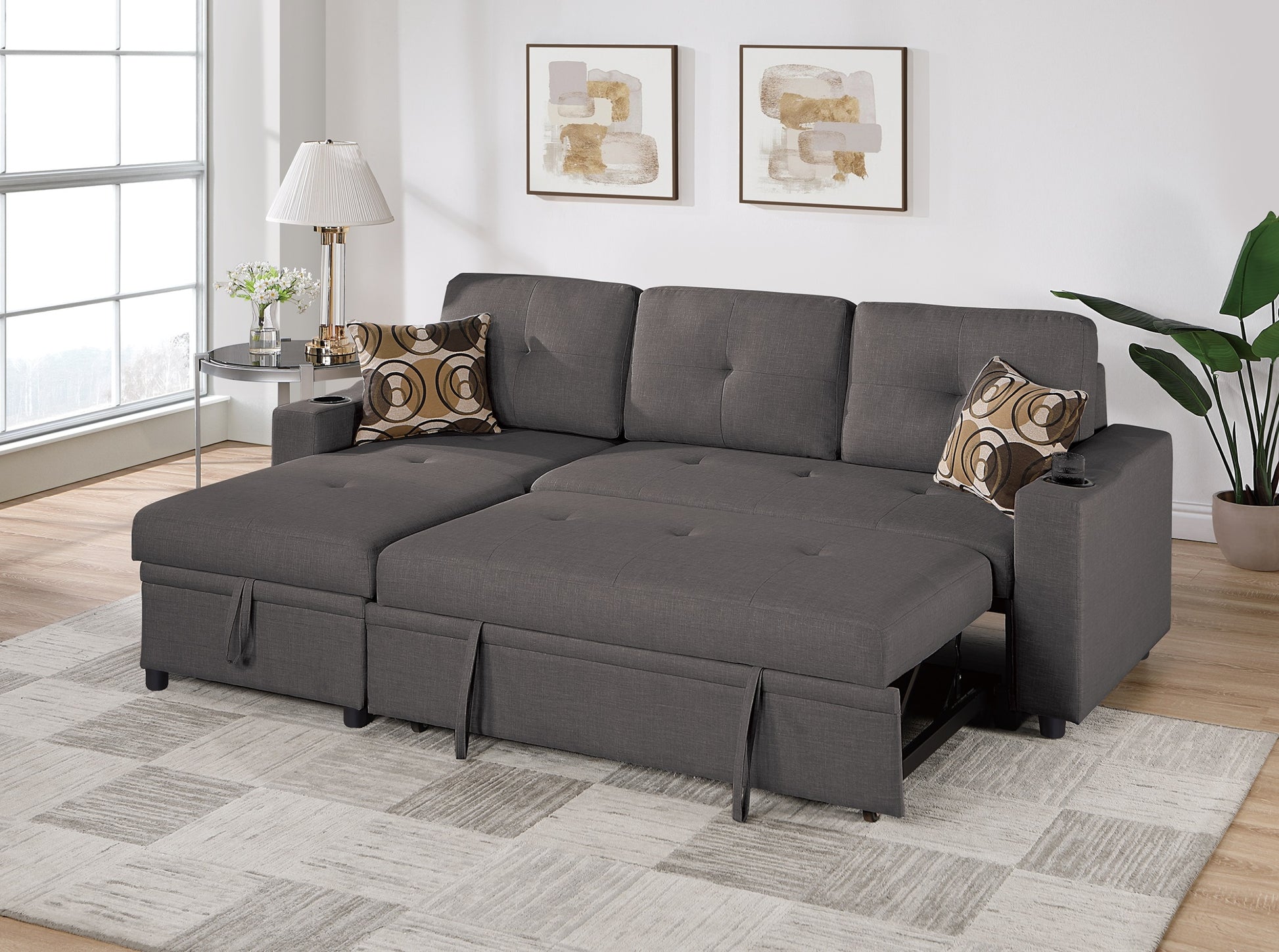 Ash Black Dorris Fabric Convertible Sectional Sofa Pull Out Bed Couch Storage Chaise Cup Holders 2Pc Sectional Living Room Black Multi Primary Living Space Tufted Back Contemporary,Modern L Shaped Square Arms Plywood 4 Seat