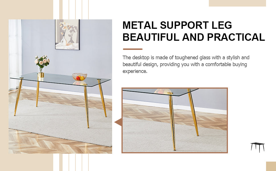Table And Chair Set.Modern Rectangular Glass Dining Table With A Tempered Glass Tabletop And Metal Legs, Paired With Multiple Chairs Designed With Pu Cushions And Golden Metal Legs. White Gold Seats 6 Tempered Glass