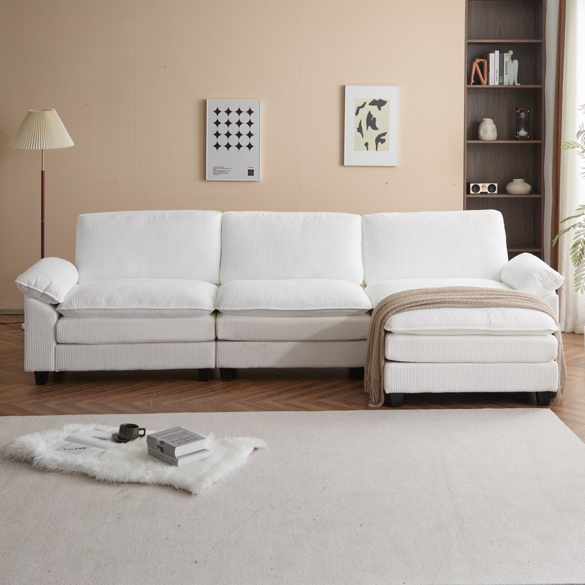 Modular Sectional Sofa With Movable Ottoman,L Shaped Corduroy Fabric Couch With High Supportive & Soft Sponges And Removable Ottoman, Sleeper Comfy Upholstered Furniture For Living Room Beige Beige