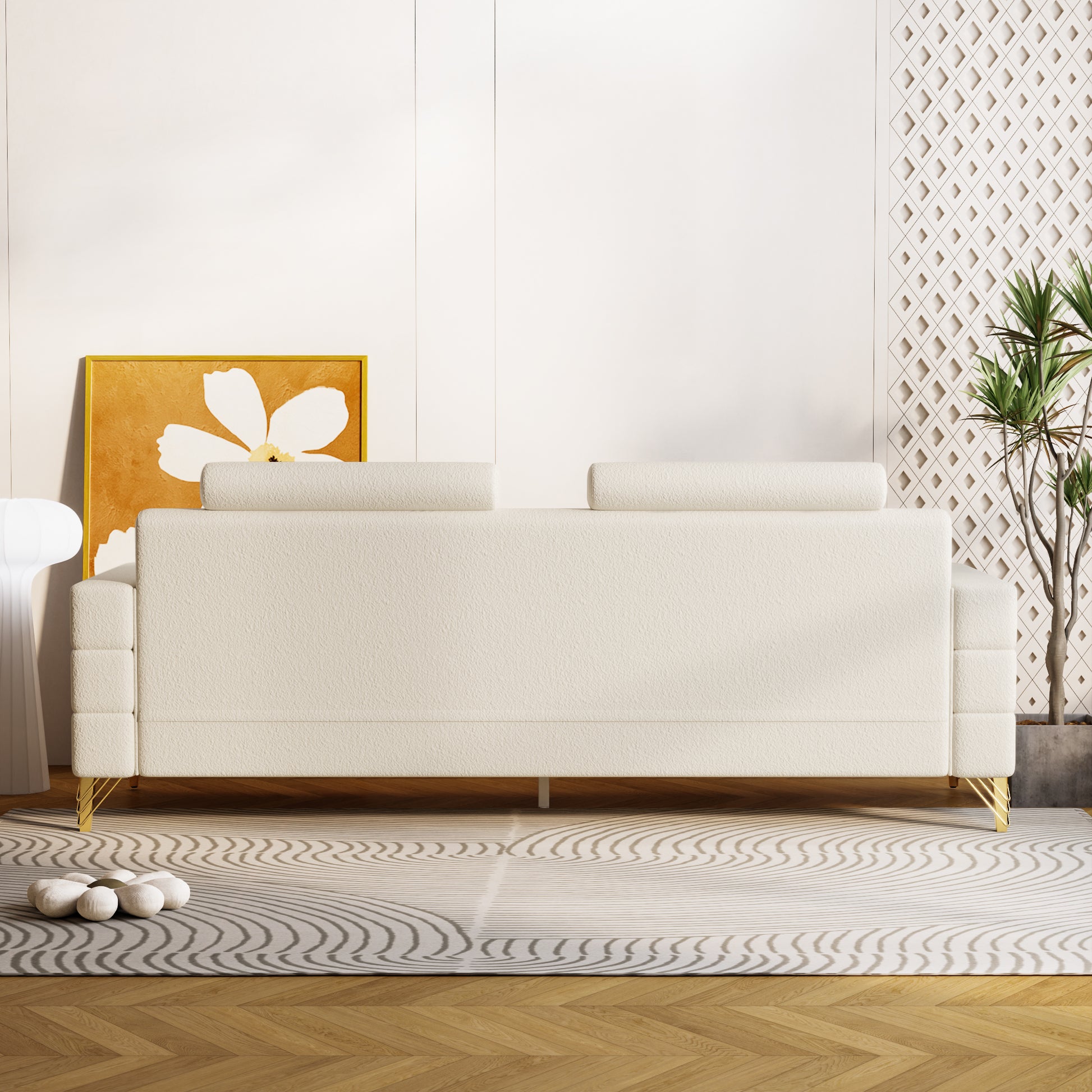 Fx P15 Wb Sofa Elegant White Imitation Wool Circle Fabric Sofa With Adjustable Headrests Contemporary 3 Seat Couch With Gold Legs, Perfect For Living Room And Office Decor Temu Suitable White Velvet 3 Seat