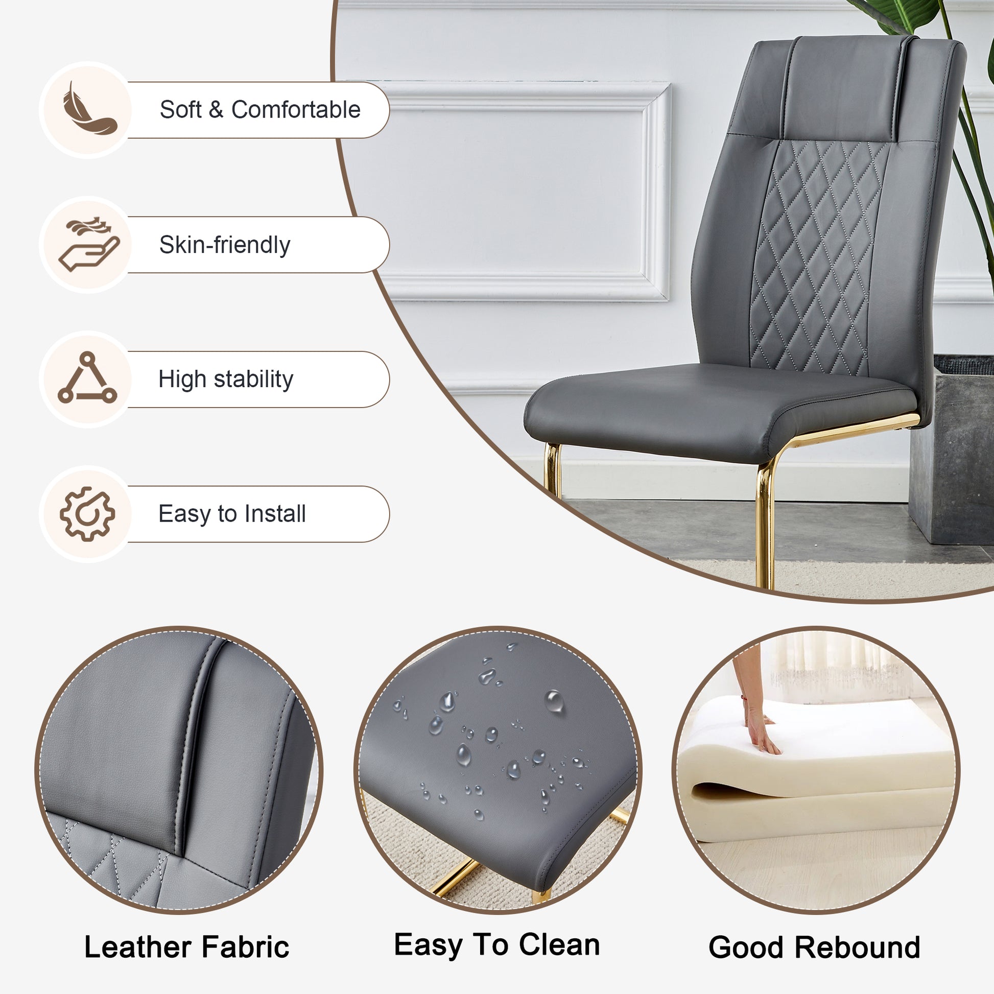 Table And Chair Set.The Table Has A Glass Tabletop With Imitation Marble Pattern Stickers And Stainless Steel Golden Table Legs. Paried With Comfortable Chairs With Pu Seats And Metal Legs. White Gold Seats 8 Glass Metal