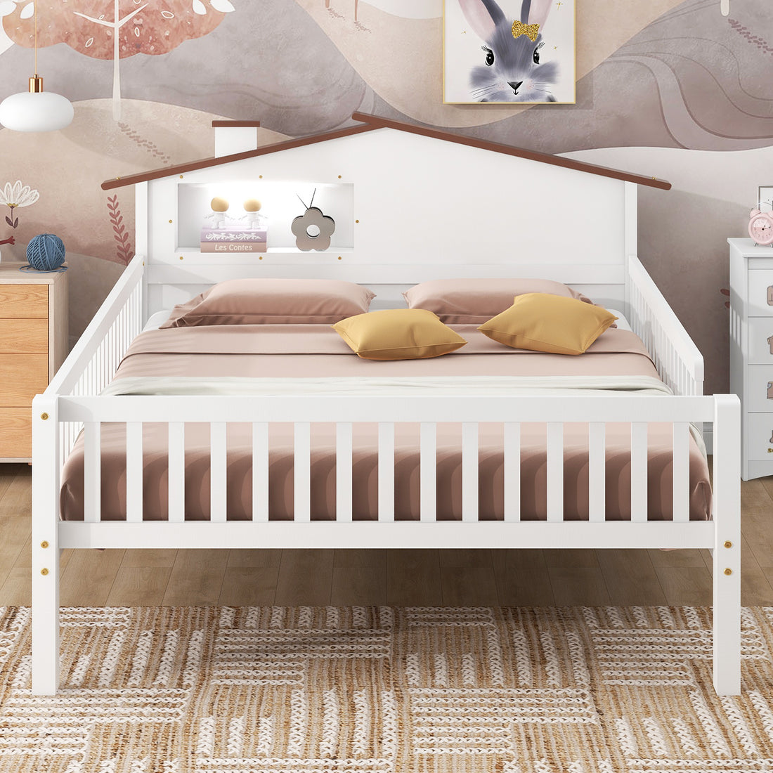 Full Size Wood Platform Bed With House Shaped Headboard, Led And Built In Storage, White Box Spring Not Required Full White Wood Bedroom Bed Frame Wood