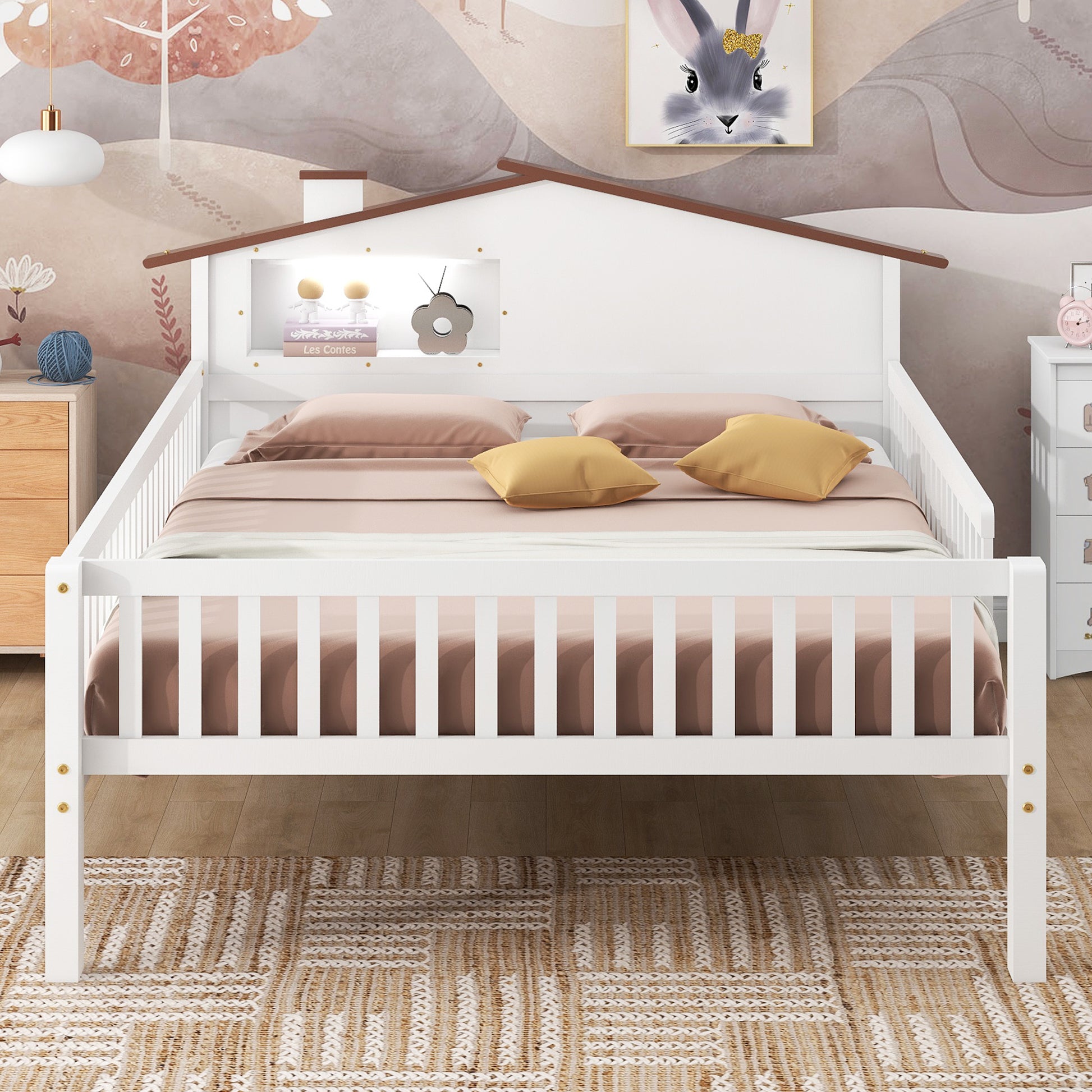 Full Size Wood Platform Bed With House Shaped Headboard, Led And Built In Storage, White Box Spring Not Required Full White Wood Bedroom Bed Frame Wood