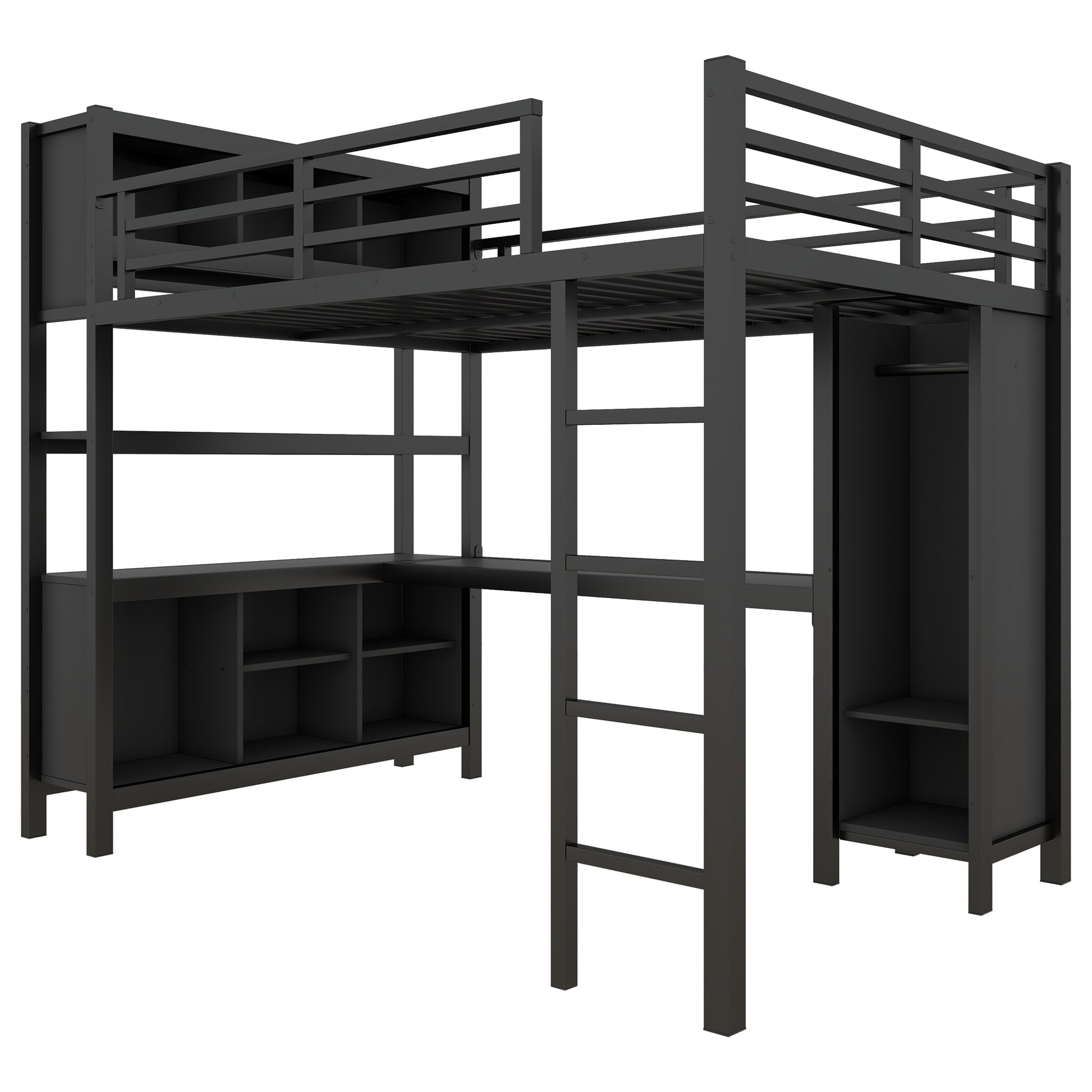 Metal Loft Bed With Wardrobe And L Shaped Desk, Full Size Loft Bed With Storage Cubes And Shelves, Heavy Duty Loft Bed For Kids Teens Adults, Black Full Black Metal