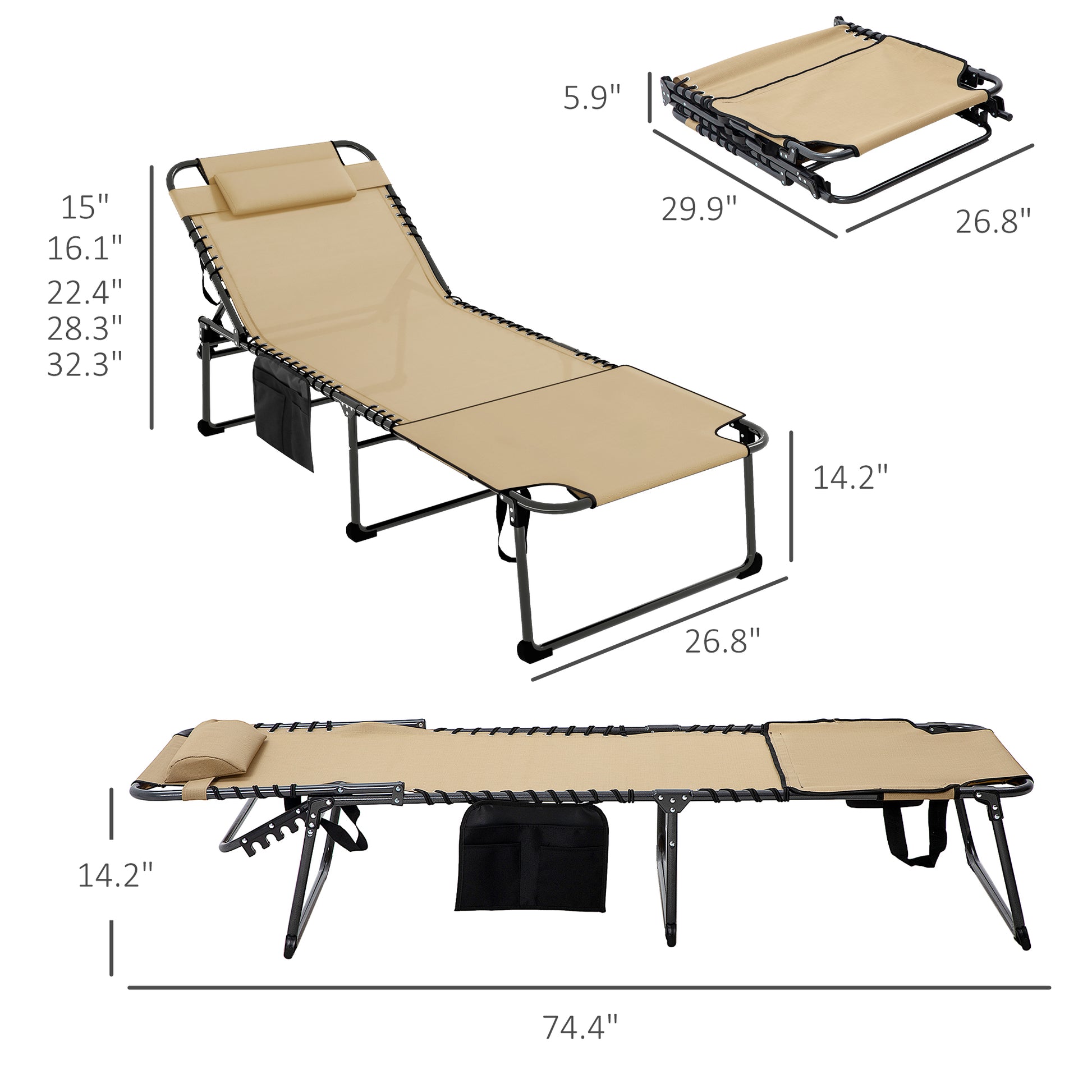 Outsunny Folding Chaise Lounge With 5 Level Reclining Back, Outdoor Tanning Chair With Reading Face Hole, Outdoor Lounge Chair With Side Pocket & Headrest For Beach, Yard, Patio, Beige Beige Steel