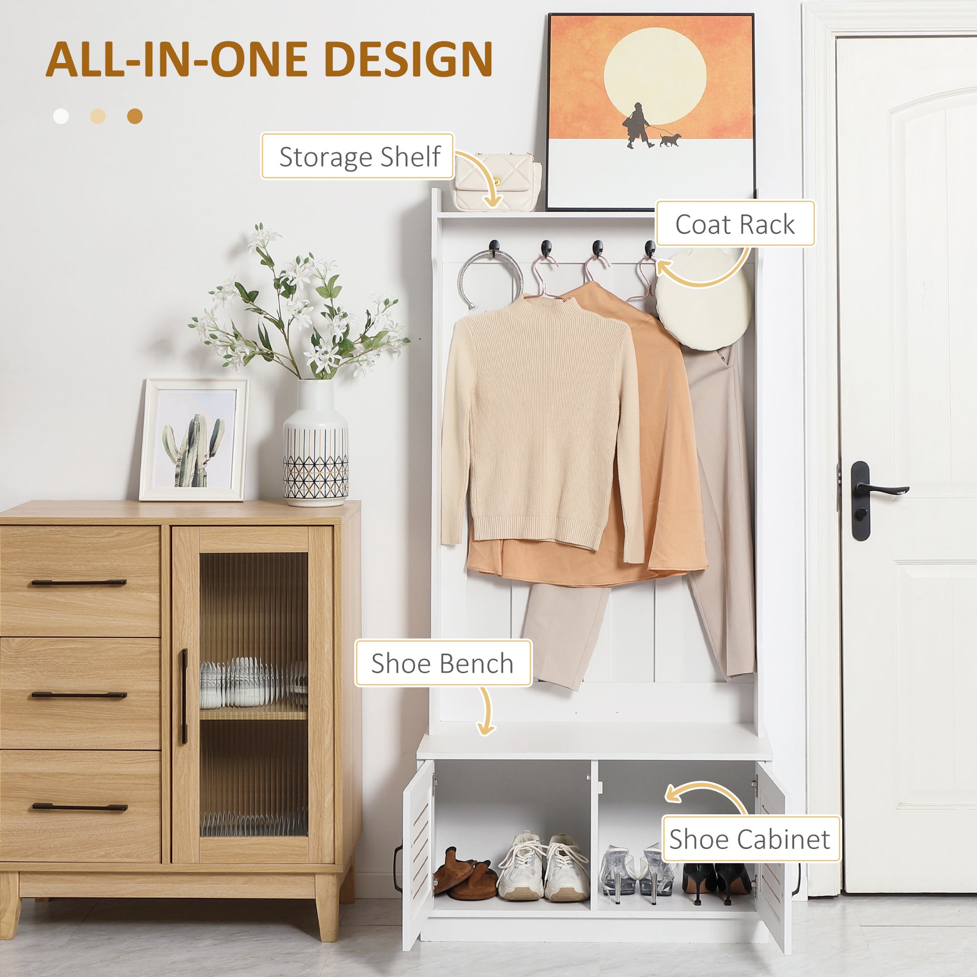 Homcom Modern Hall Tree, Entryway Coat Rack With Shoe Bench, 5 Hooks, Storage Shelf And Slatted Door Cabinet For Hallway, White White Particle Board