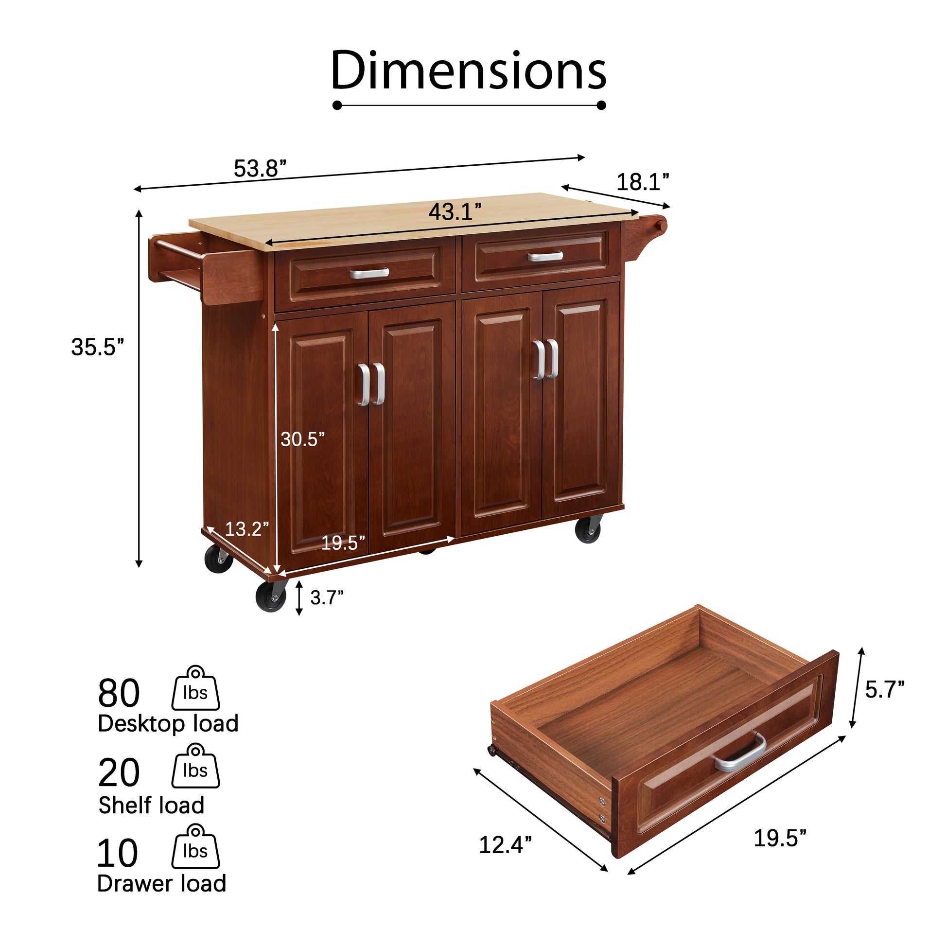 Mobile Kitchen Island Cart With 2 Drawers Brown Particle Board