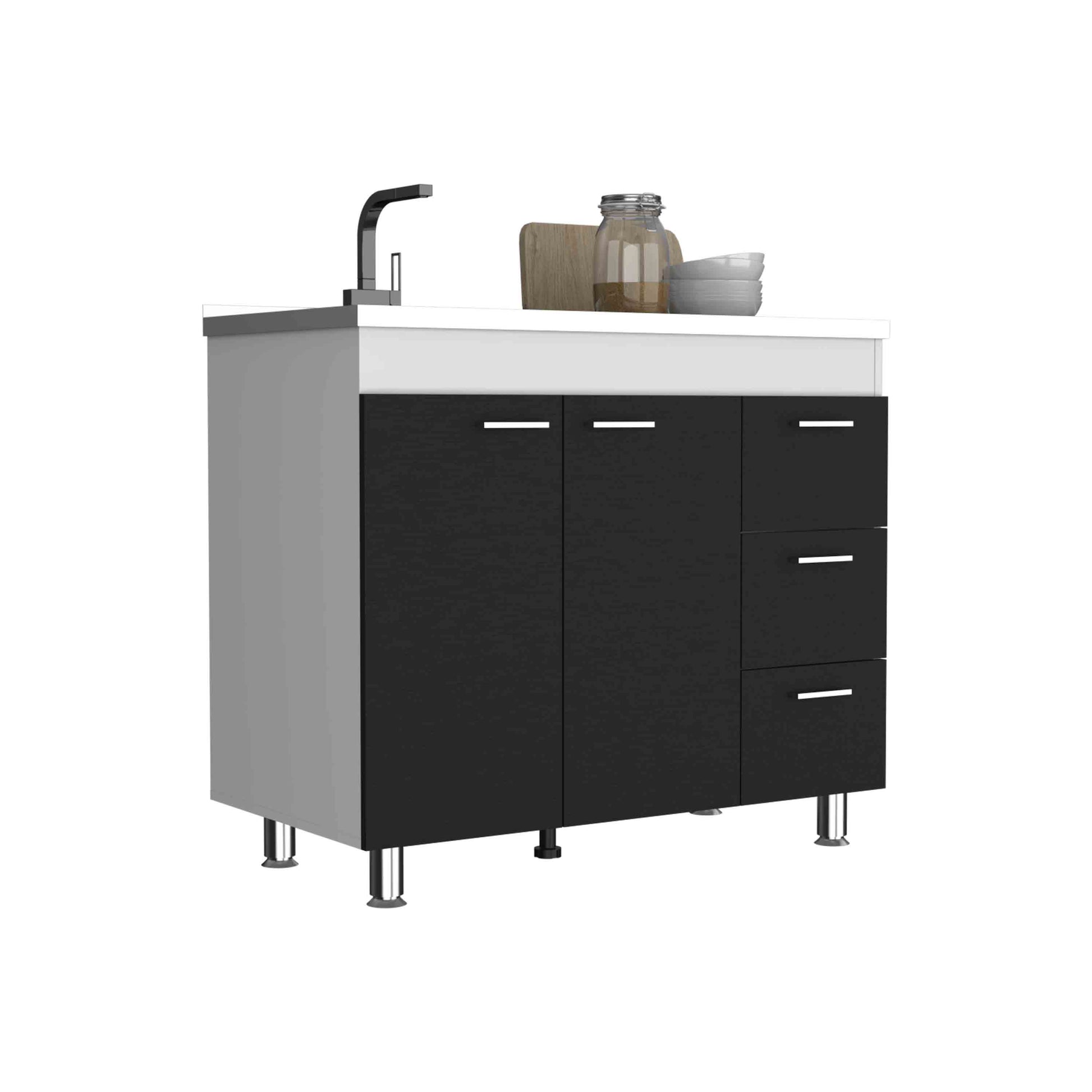 Base Double Door Cabinet, Three Drawers, White Black Multicolor Solid Wood Mdf Engineered Wood