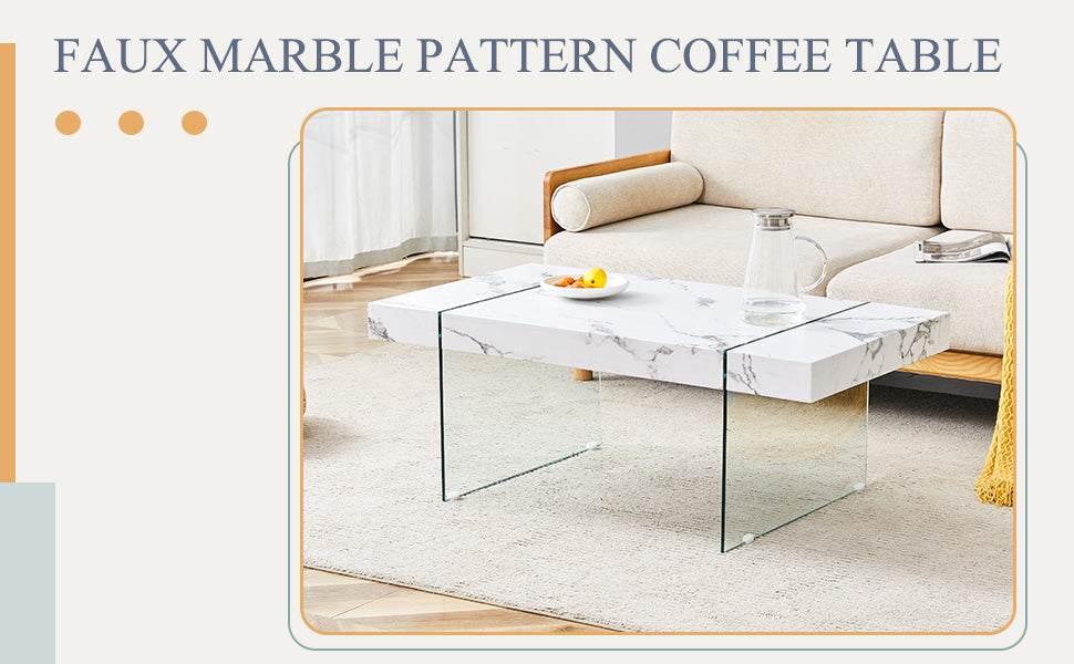 43.3"X23.6" White Marble Patterned Mdf Coffee Table With Tempered Glass Legs.Suitable For Living Room.It Can Be Used Not Only As A Coffee Table But Also As A Side Table Or Display Stand.