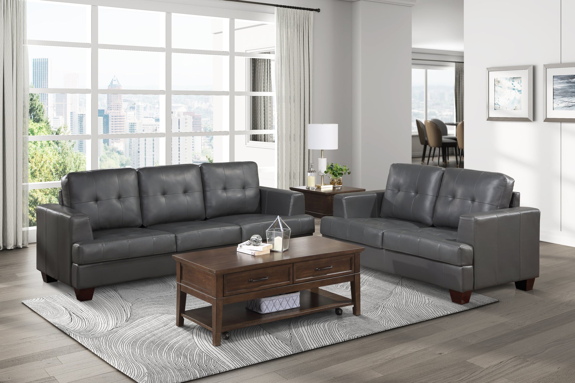 Living Room Gray Modern Comfort Loveseat 1Pc Premium Faux Leather Upholstery Tufted Detail Solid Wood Frame Furniture Gray Faux Leather Wood Primary Living Space Modern Faux Leather